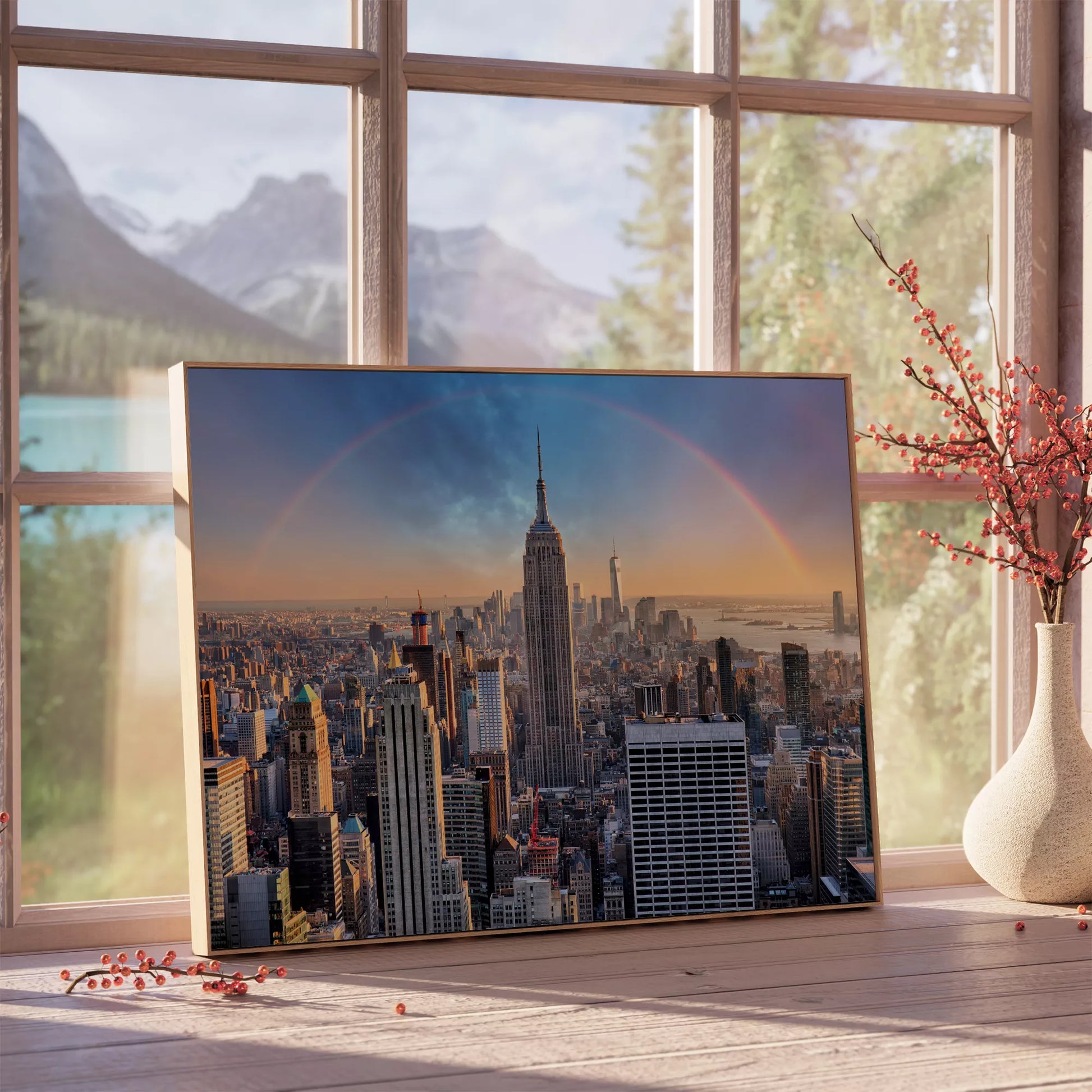 虹とエンパイアステートビルが美しいニューヨークの都市風景アートポスター