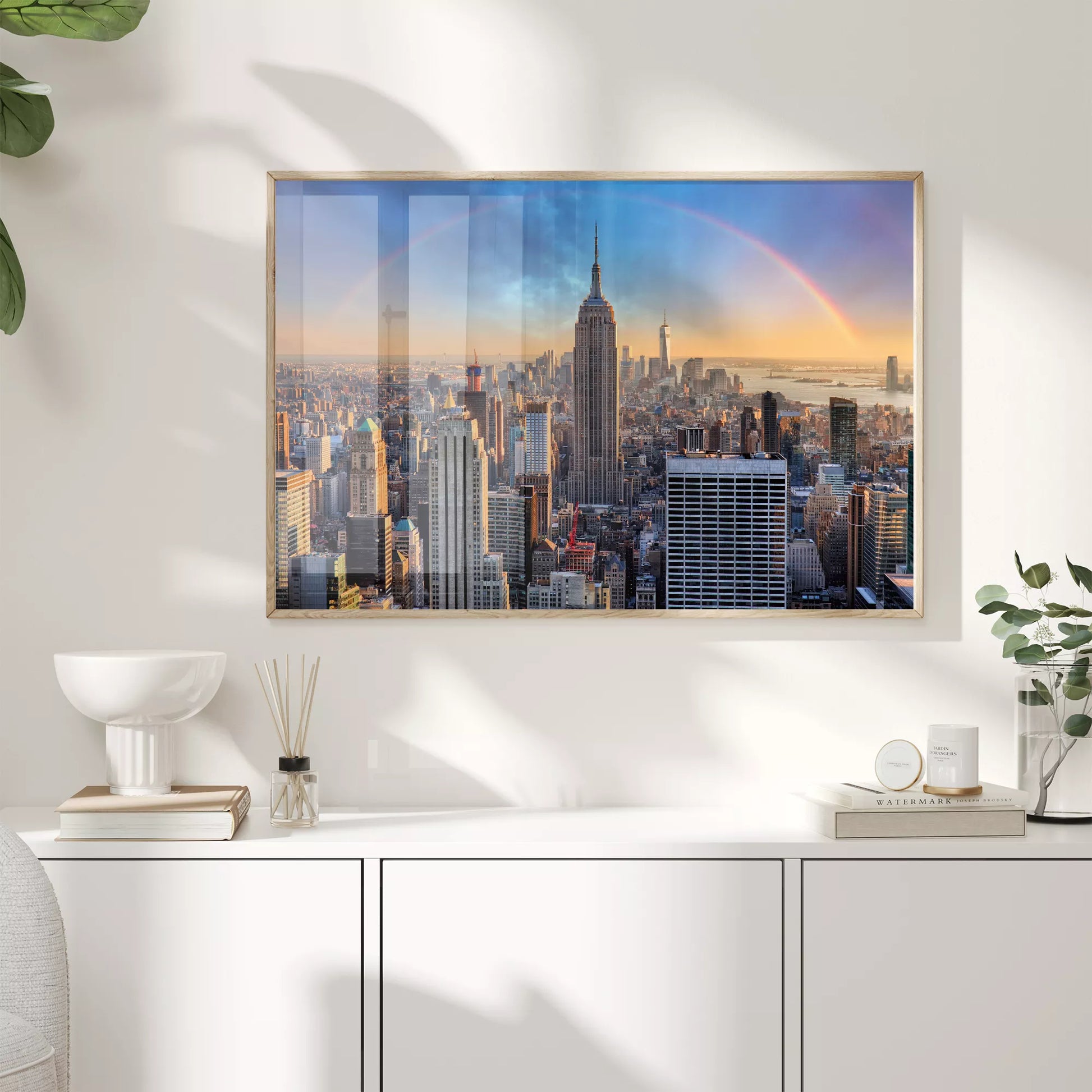 虹とエンパイアステートビルが美しいニューヨークの都市風景アートポスター