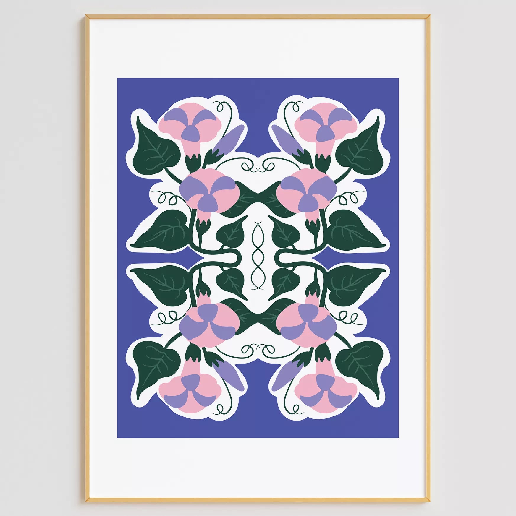 北欧風シンメトリーなパープルとピンクの花のボタニカルアートポスター