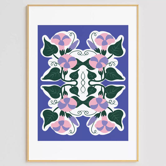北欧風シンメトリーなパープルとピンクの花のボタニカルアートポスター