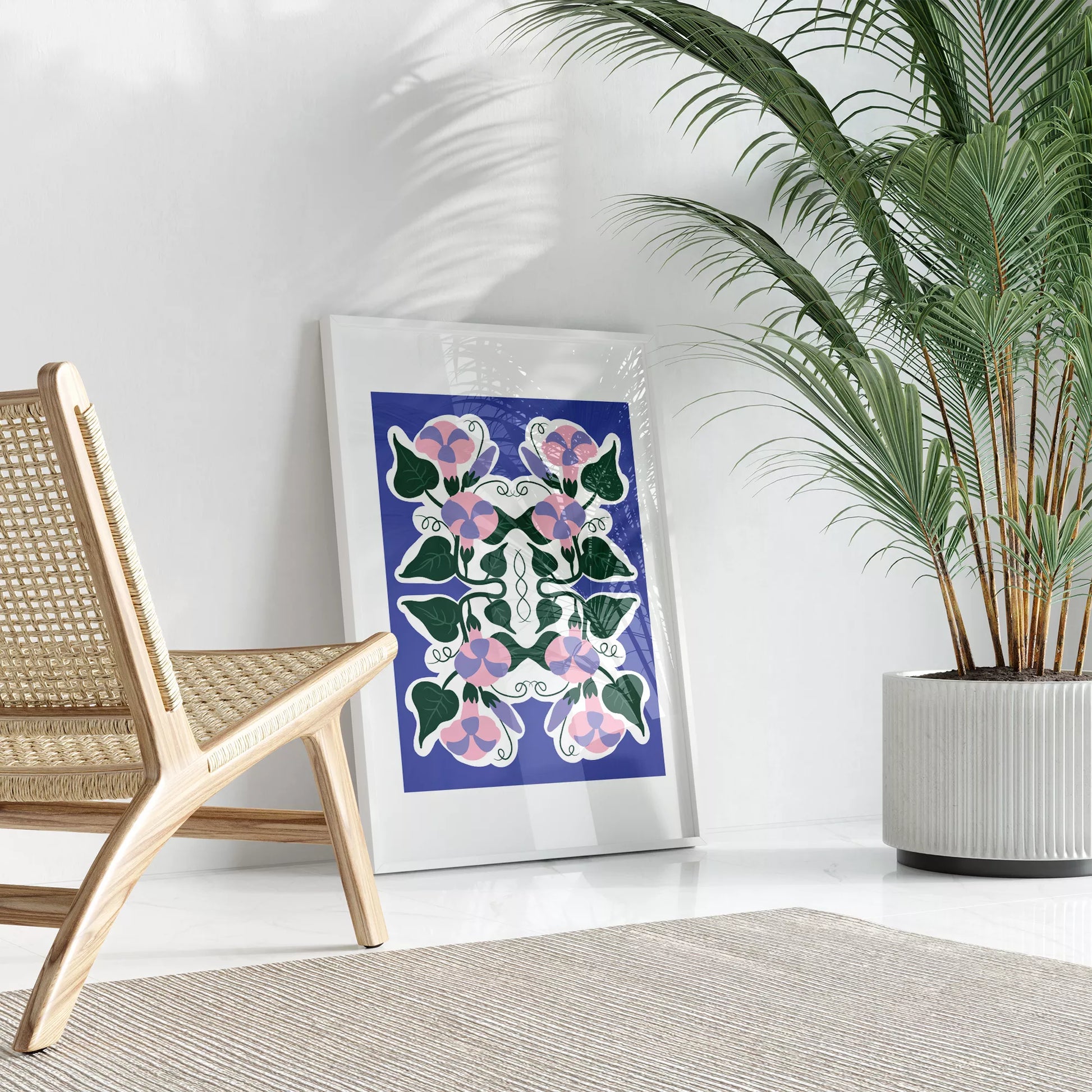 北欧風シンメトリーなパープルとピンクの花のボタニカルアートポスター