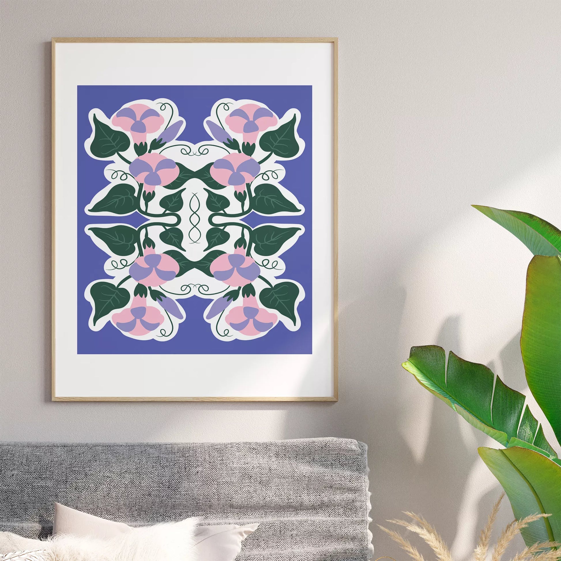 北欧風シンメトリーなパープルとピンクの花のボタニカルアートポスター