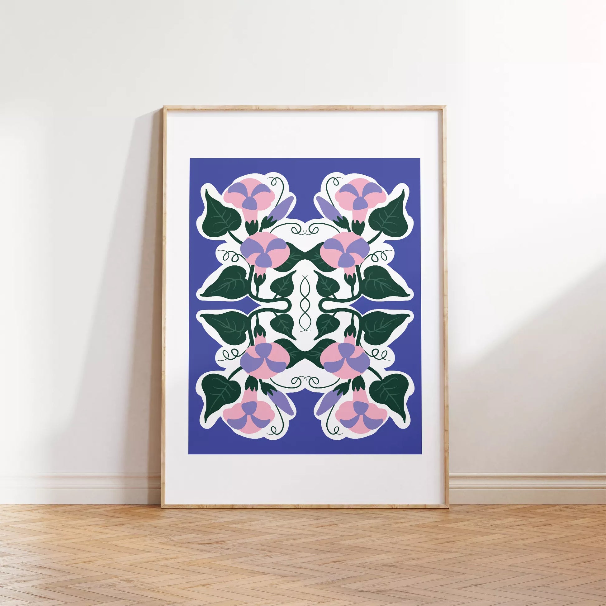 北欧風シンメトリーなパープルとピンクの花のボタニカルアートポスター