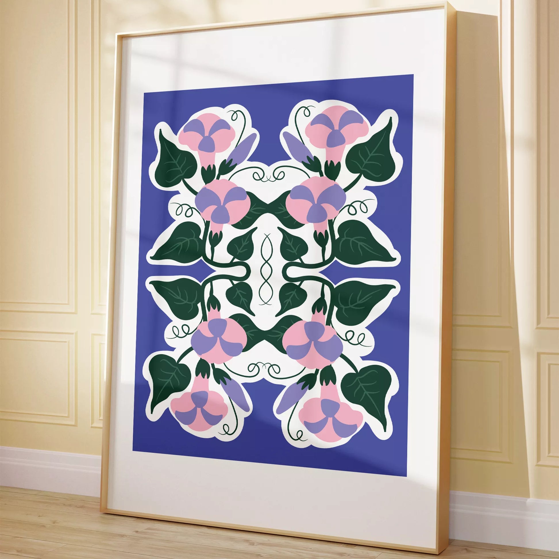 北欧風シンメトリーなパープルとピンクの花のボタニカルアートポスター