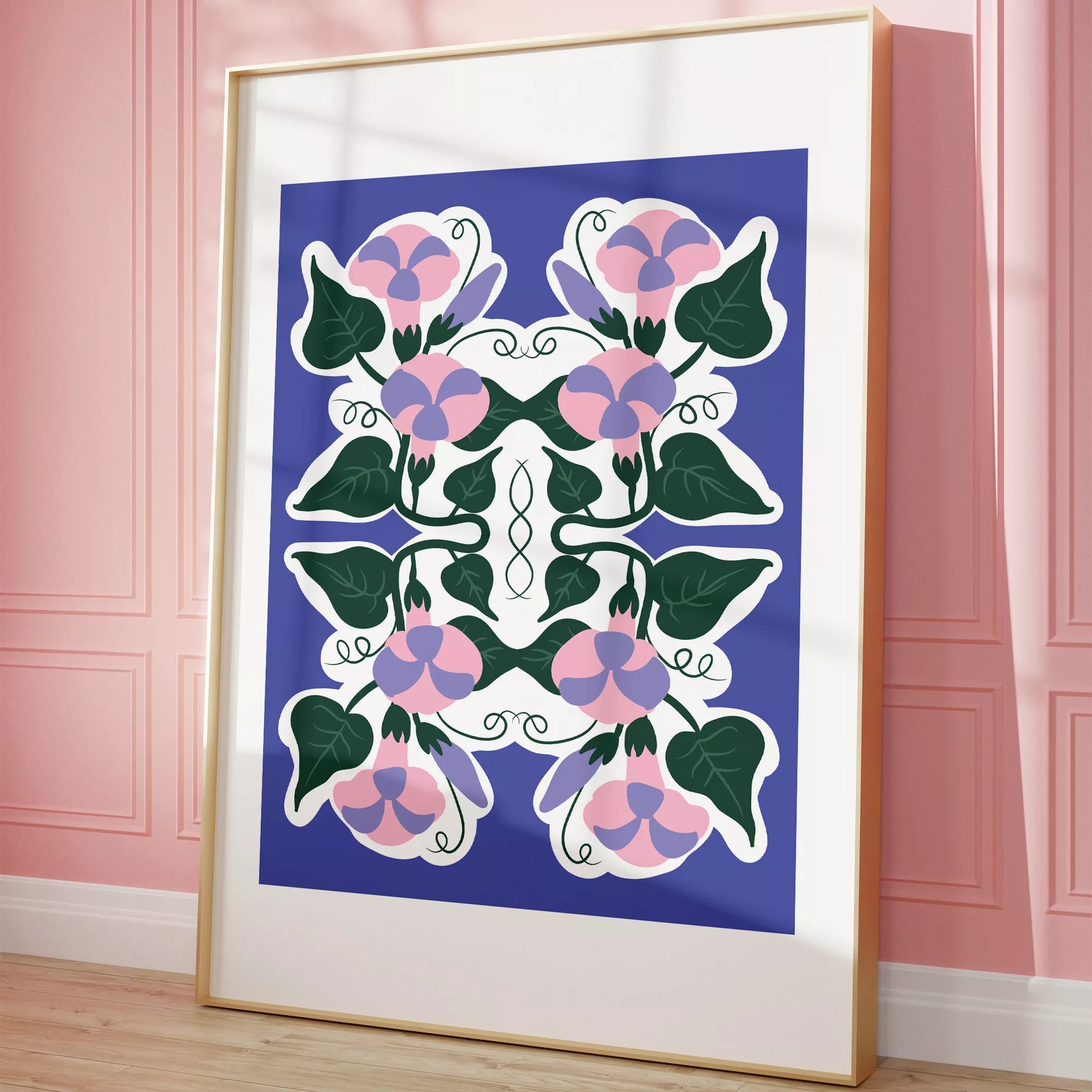 北欧風シンメトリーなパープルとピンクの花のボタニカルアートポスター