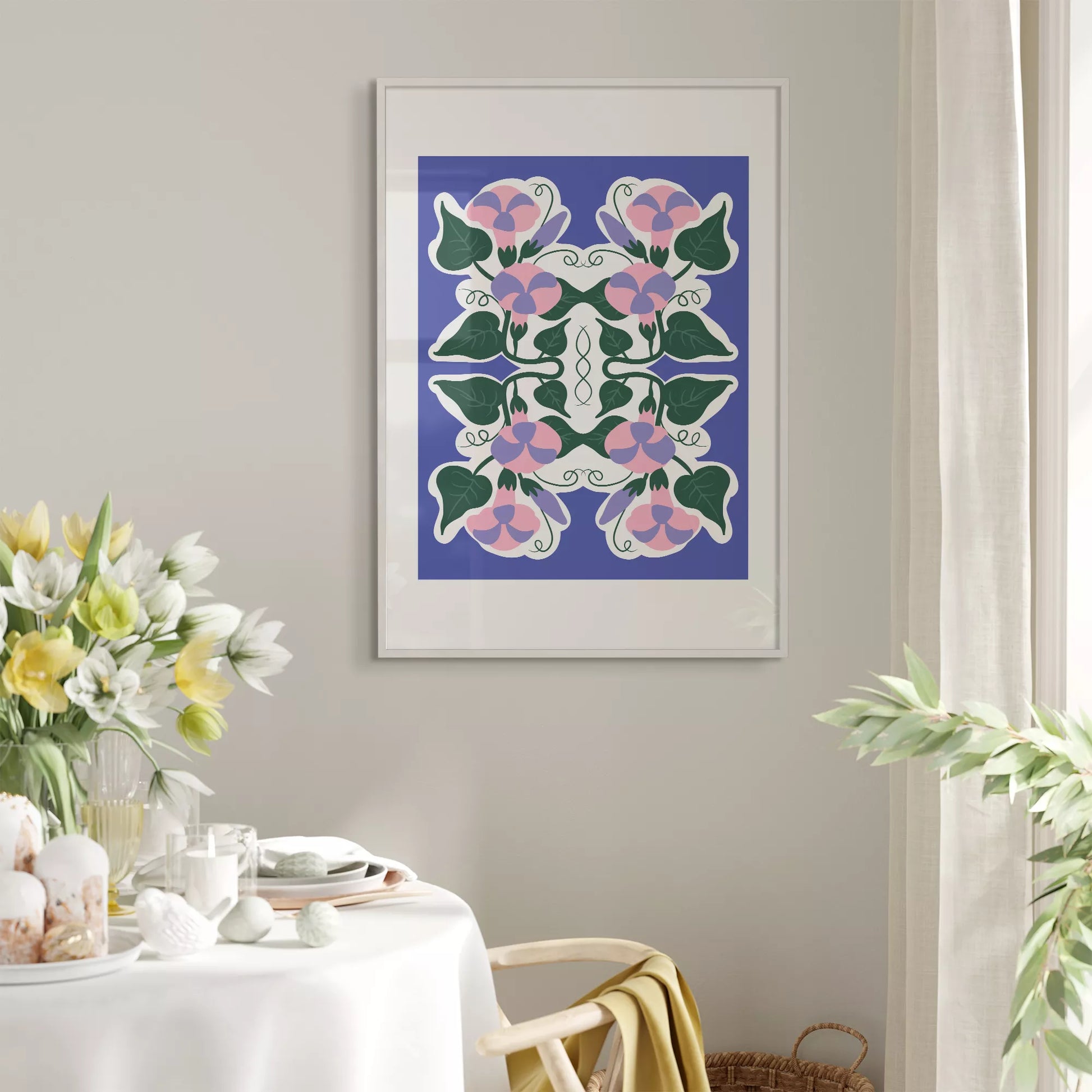 北欧風シンメトリーなパープルとピンクの花のボタニカルアートポスター