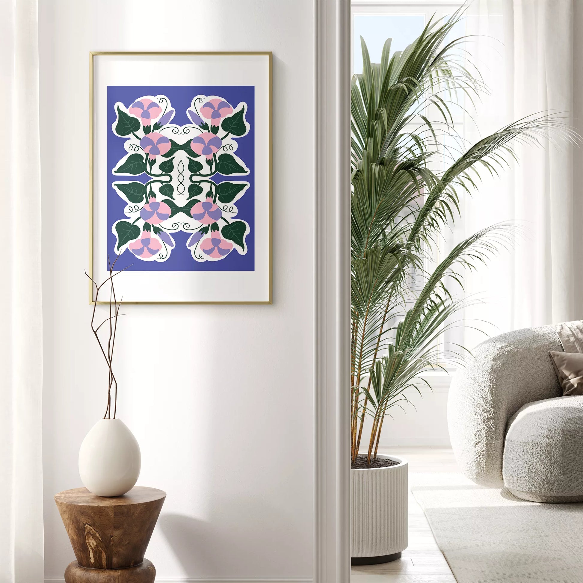 北欧風シンメトリーなパープルとピンクの花のボタニカルアートポスター