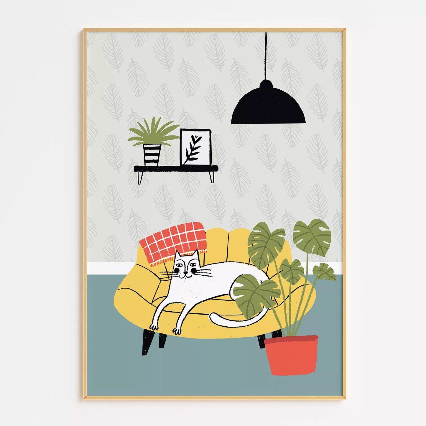 北欧スタイルの猫と植物のイラストアートポスター、リビングインテリア