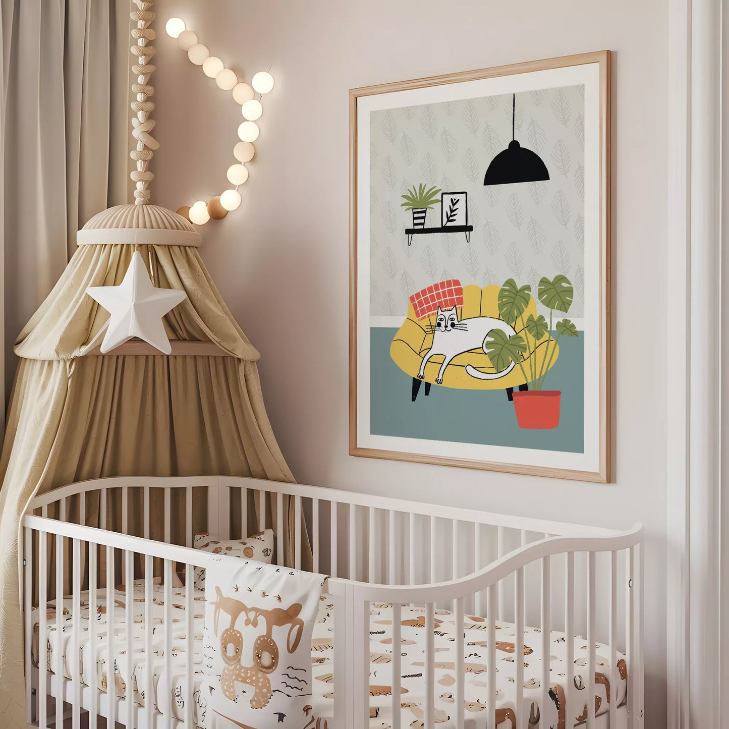 北欧スタイルの猫と植物のイラストアートポスター、リビングインテリア