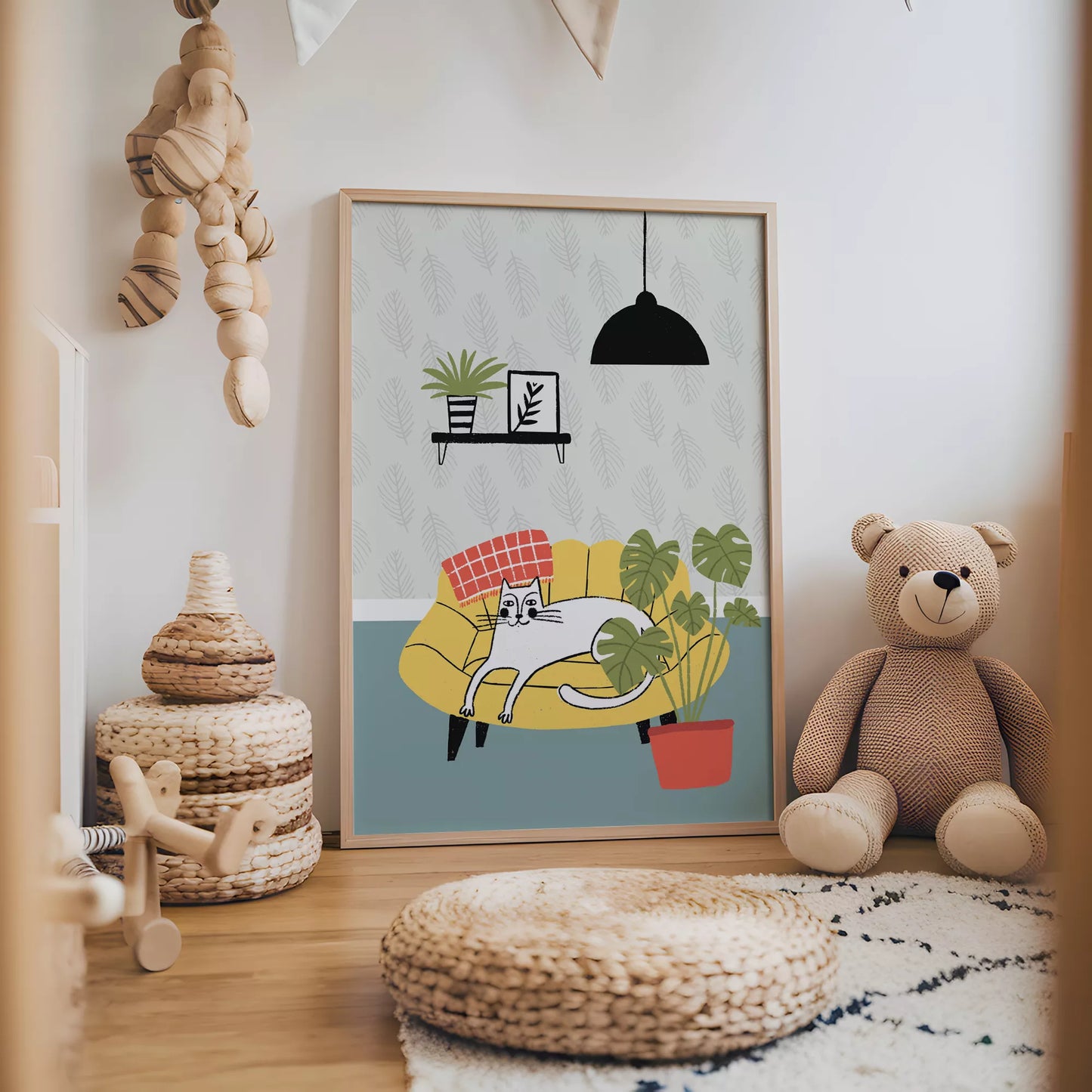 北欧スタイルの猫と植物のイラストアートポスター、リビングインテリア