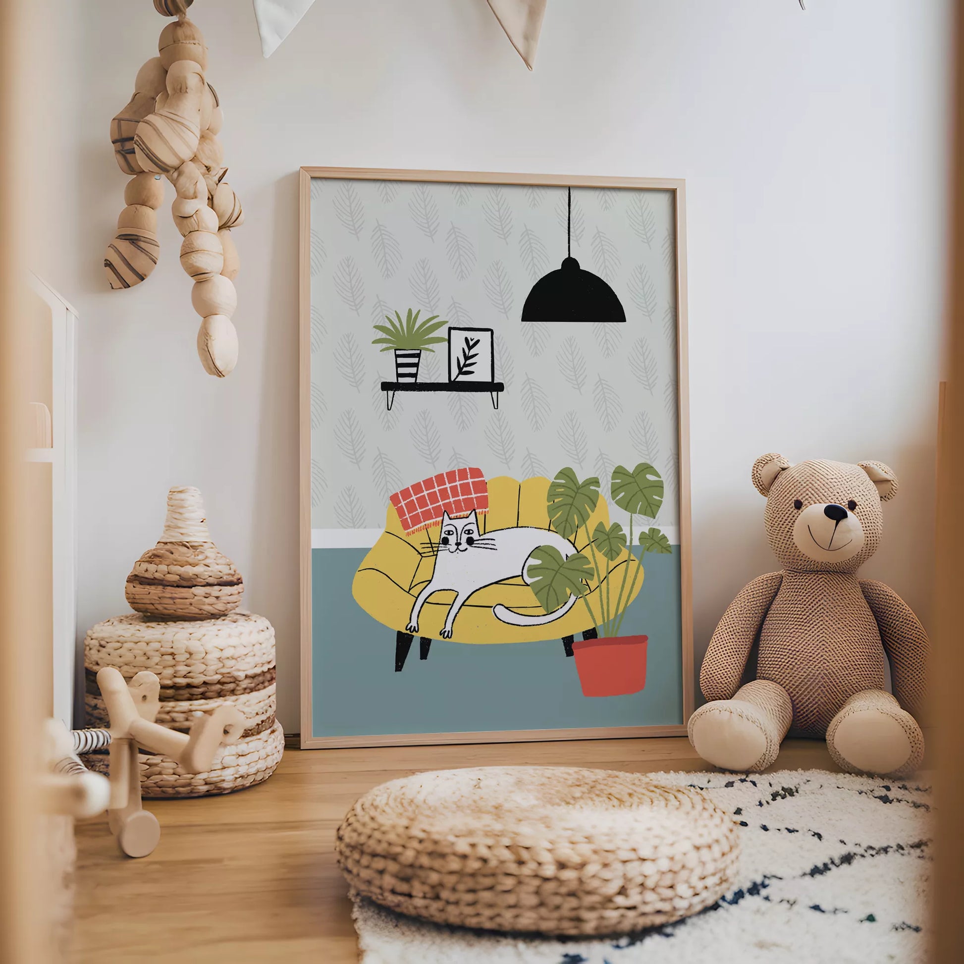 北欧スタイルの猫と植物のイラストアートポスター、リビングインテリア