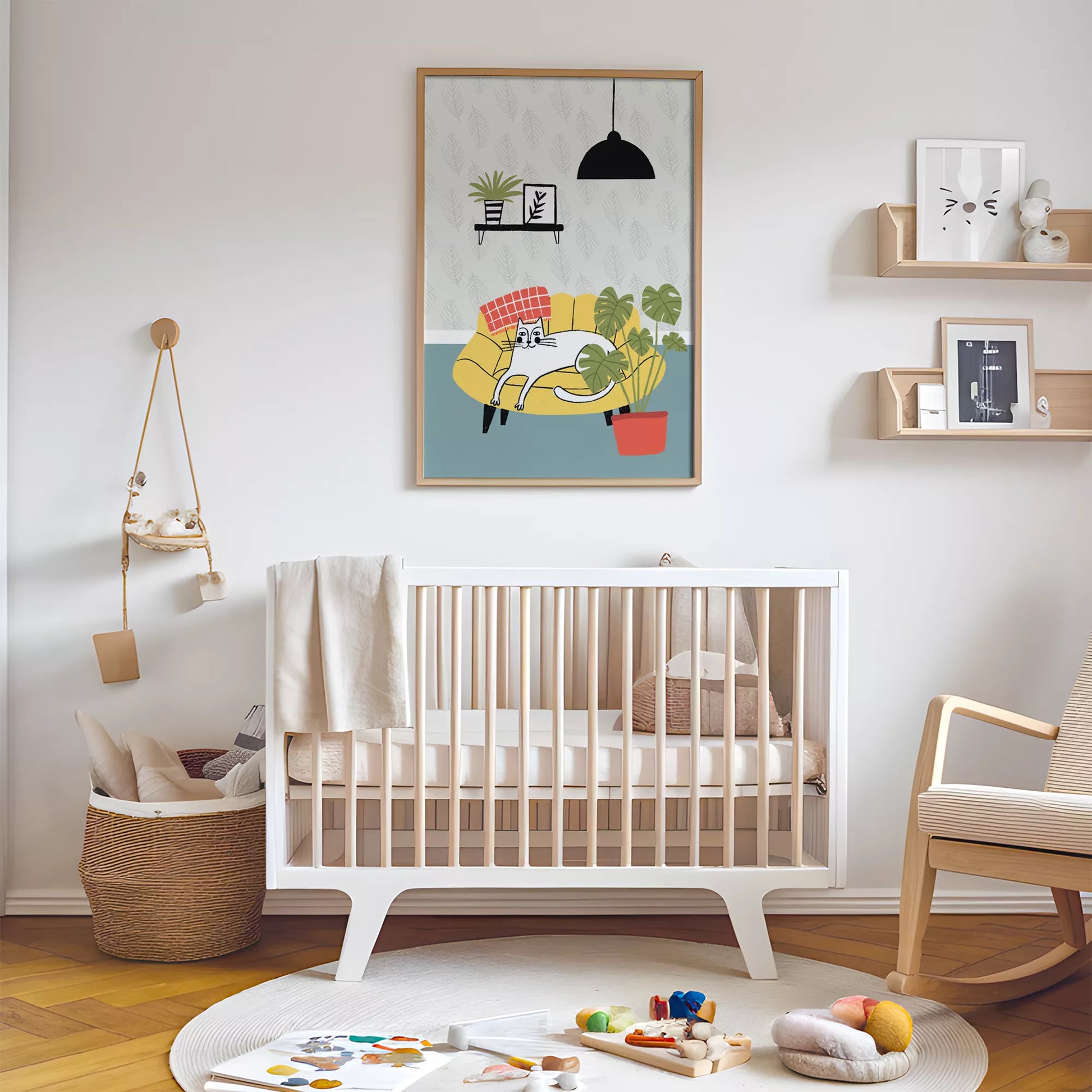 北欧スタイルの猫と植物のイラストアートポスター、リビングインテリア