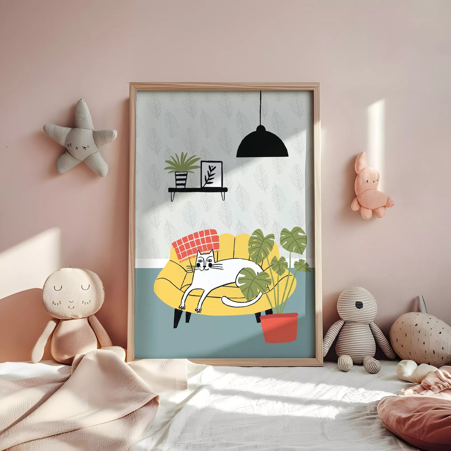 北欧スタイルの猫と植物のイラストアートポスター、リビングインテリア