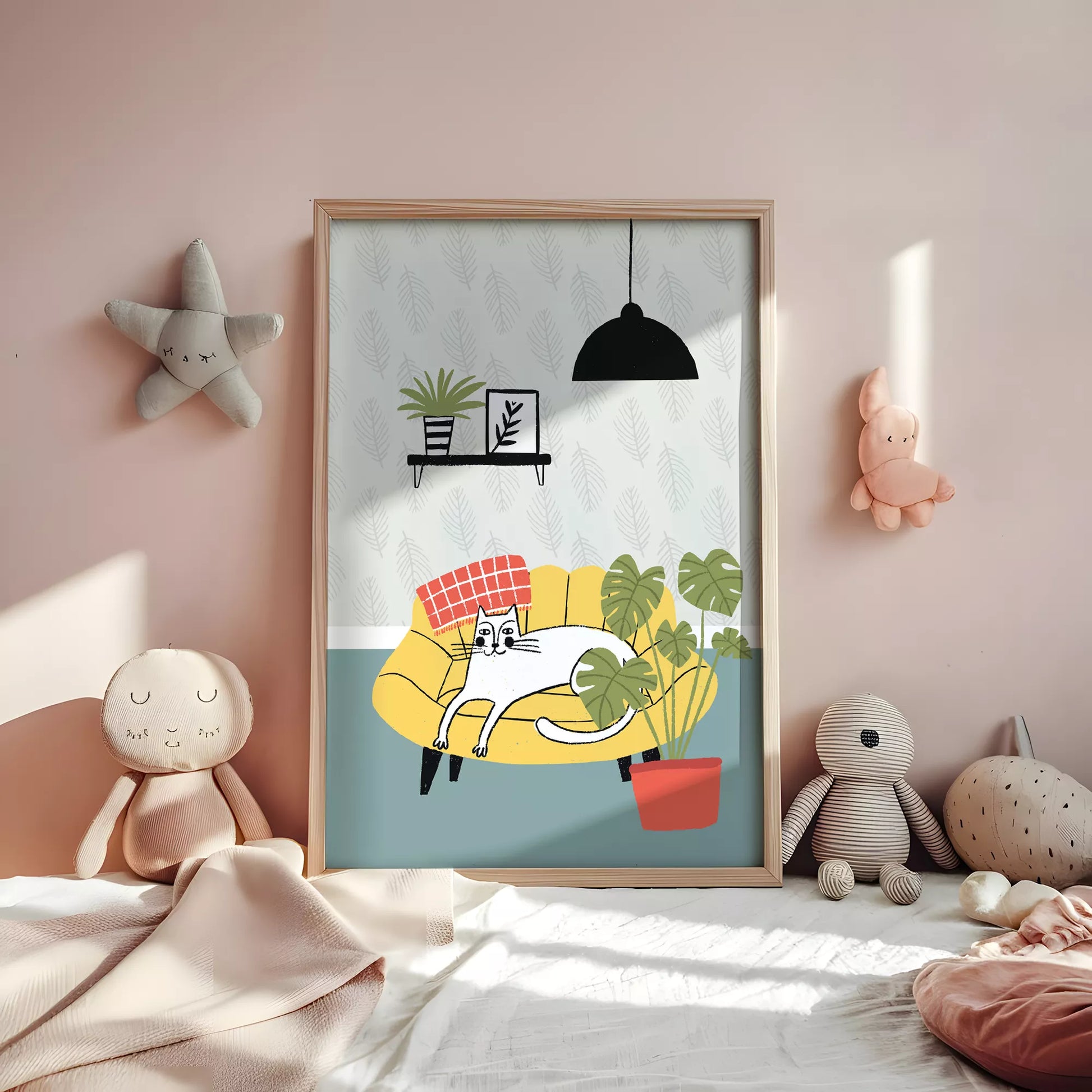 北欧スタイルの猫と植物のイラストアートポスター、リビングインテリア