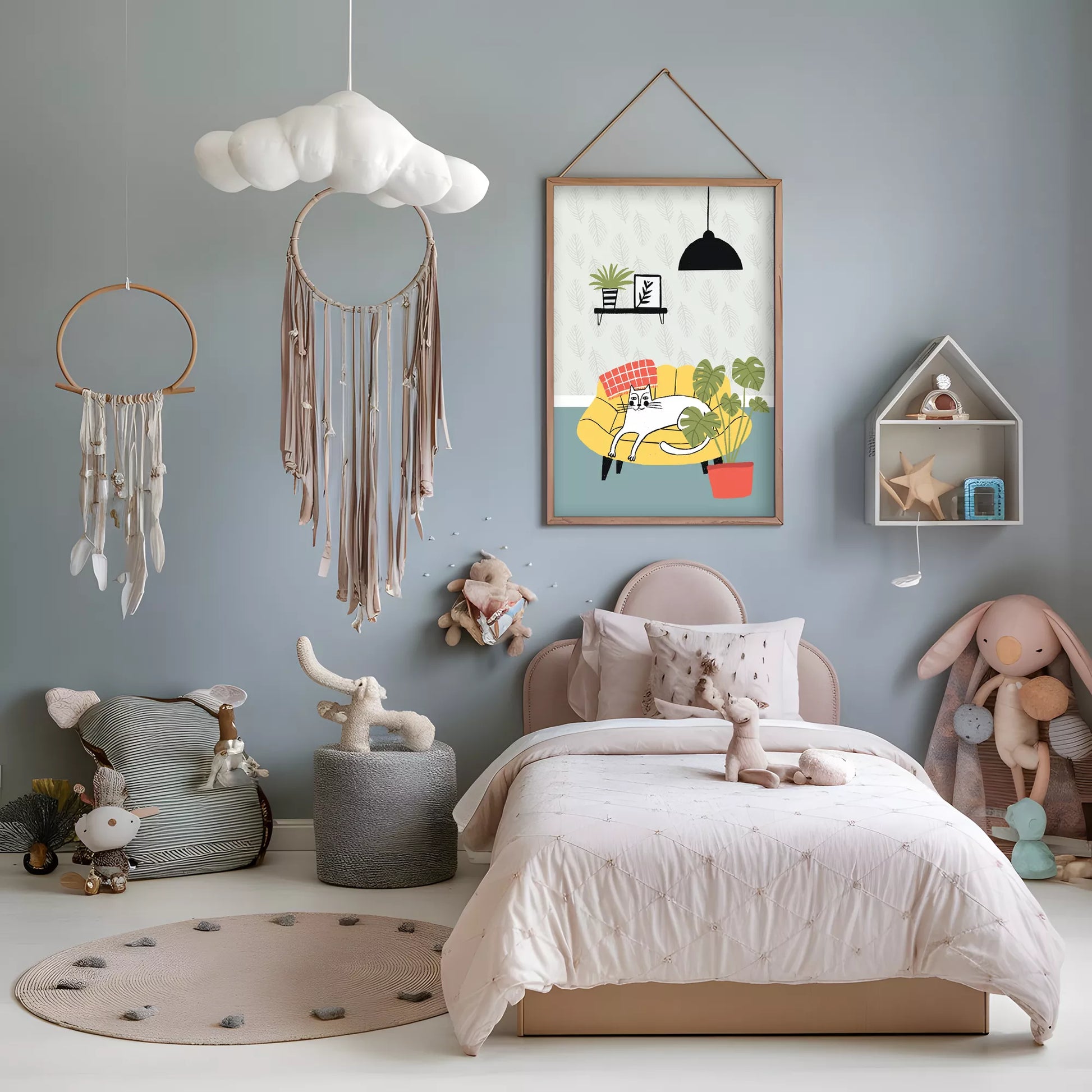 北欧スタイルの猫と植物のイラストアートポスター、リビングインテリア