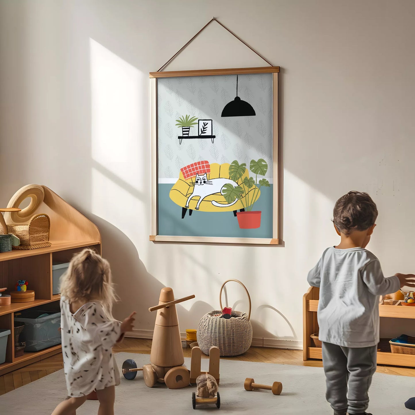 北欧スタイルの猫と植物のイラストアートポスター、リビングインテリア