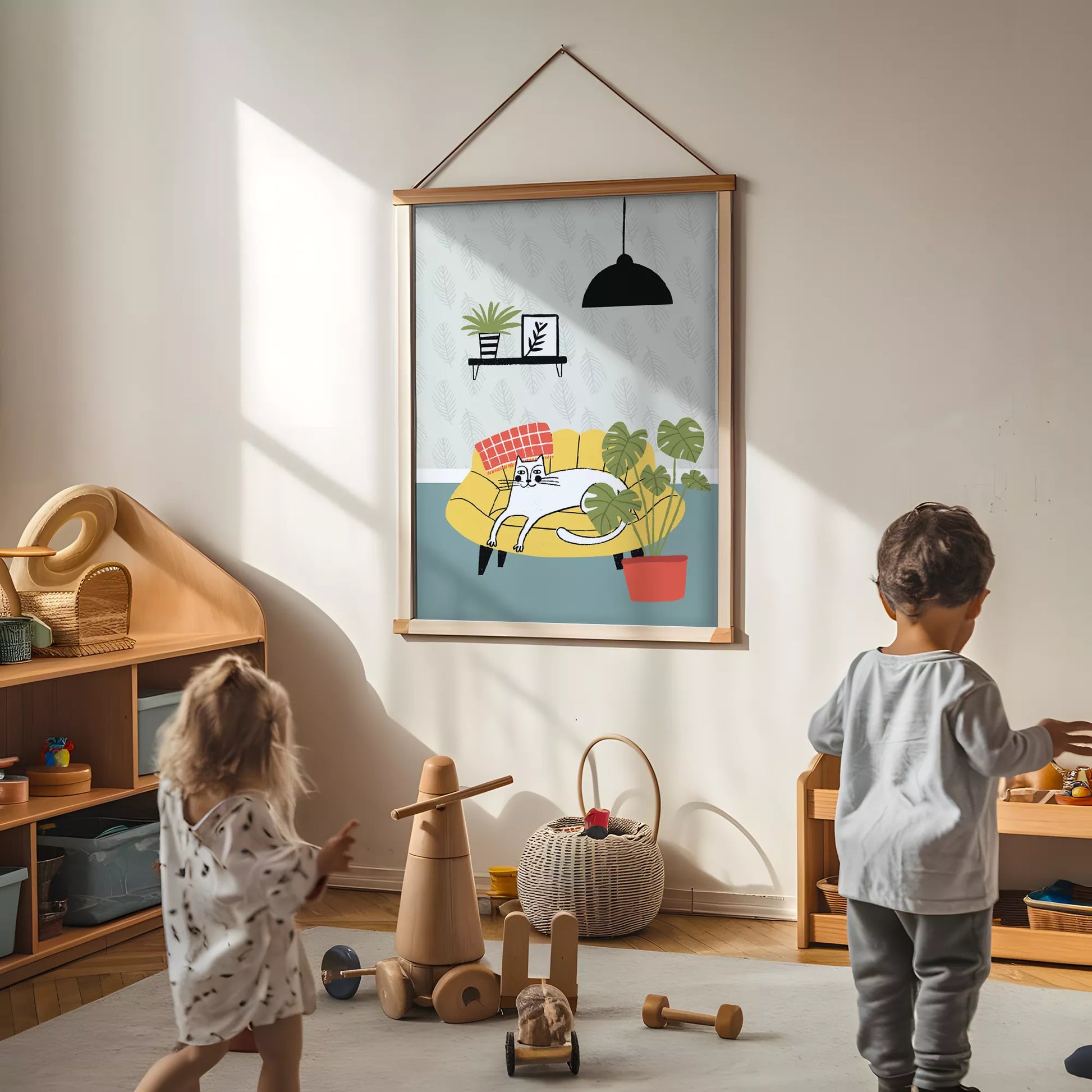 北欧スタイルの猫と植物のイラストアートポスター、リビングインテリア