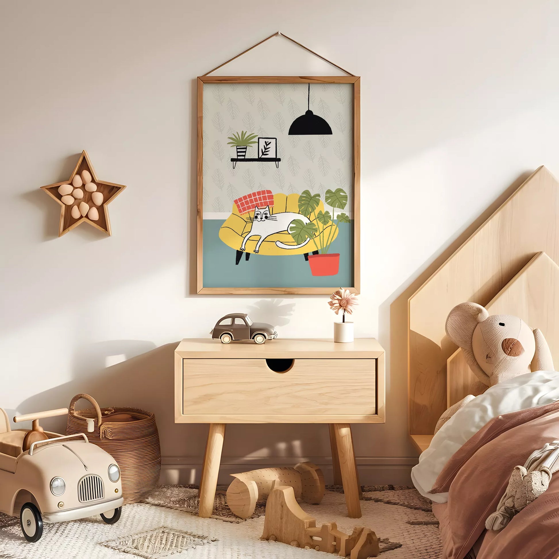 北欧スタイルの猫と植物のイラストアートポスター、リビングインテリア