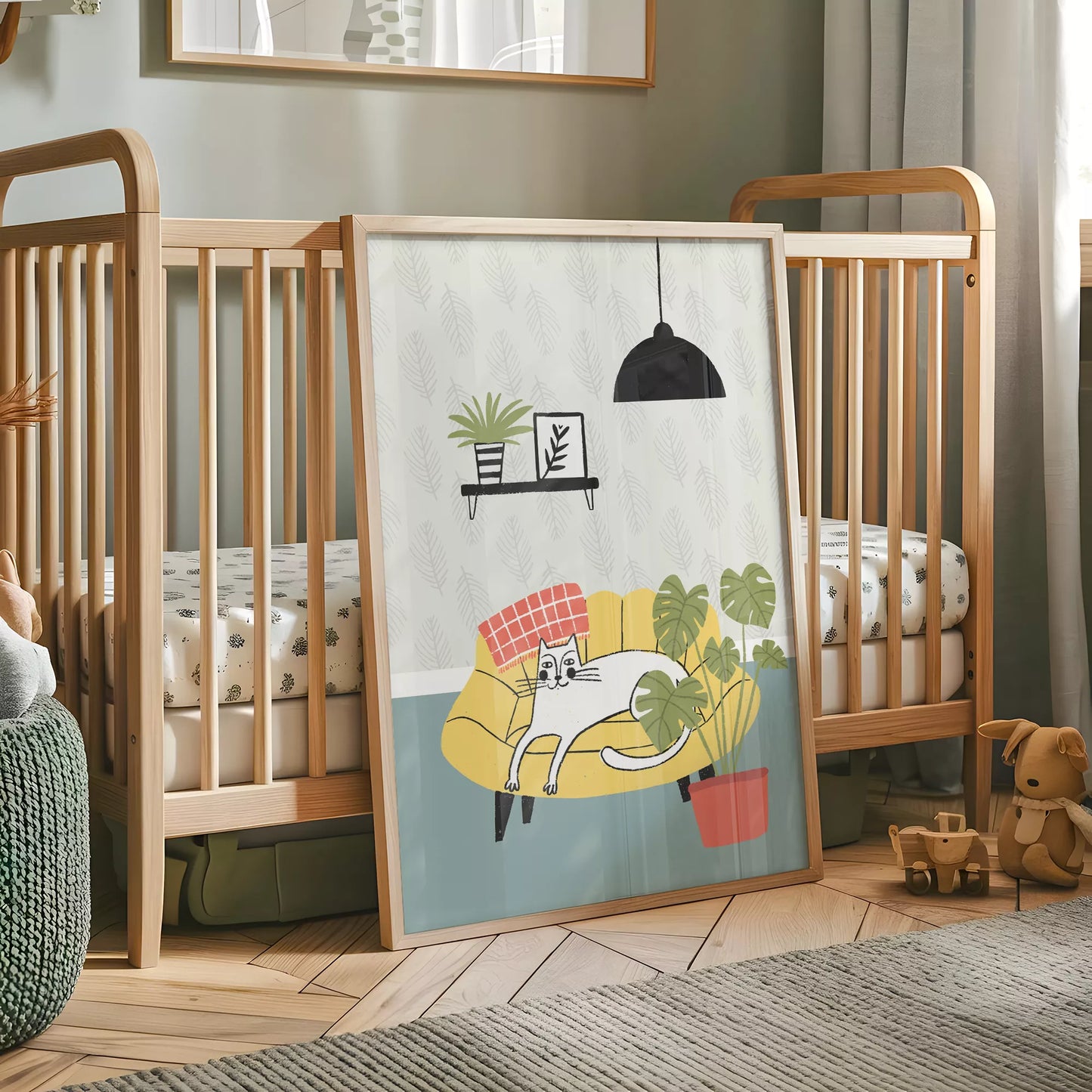 北欧スタイルの猫と植物のイラストアートポスター、リビングインテリア