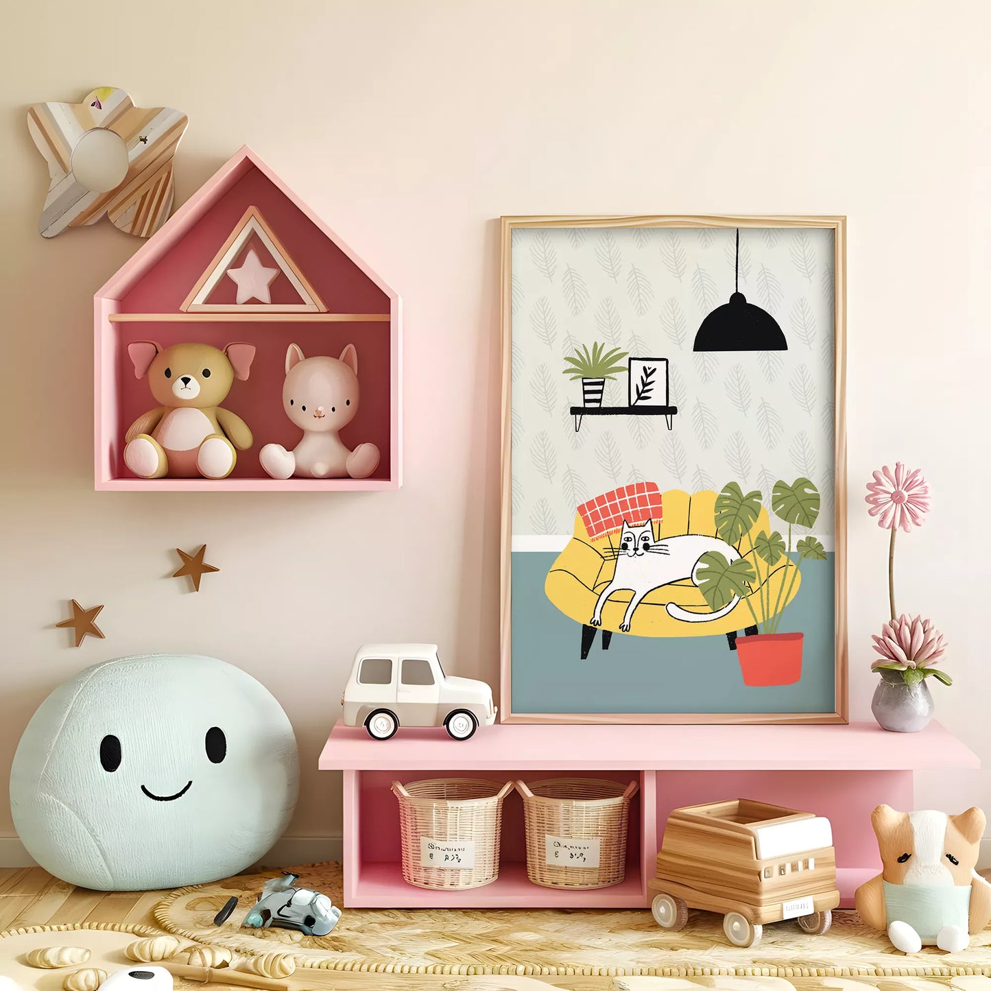 北欧スタイルの猫と植物のイラストアートポスター、リビングインテリア