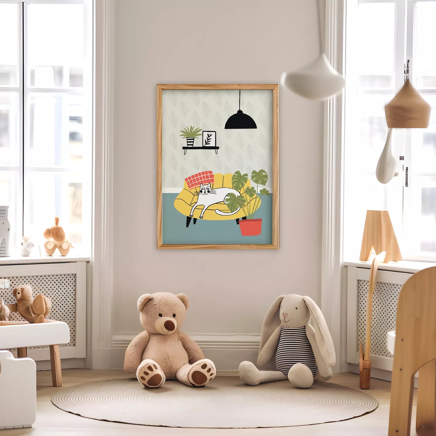 北欧スタイルの猫と植物のイラストアートポスター、リビングインテリア