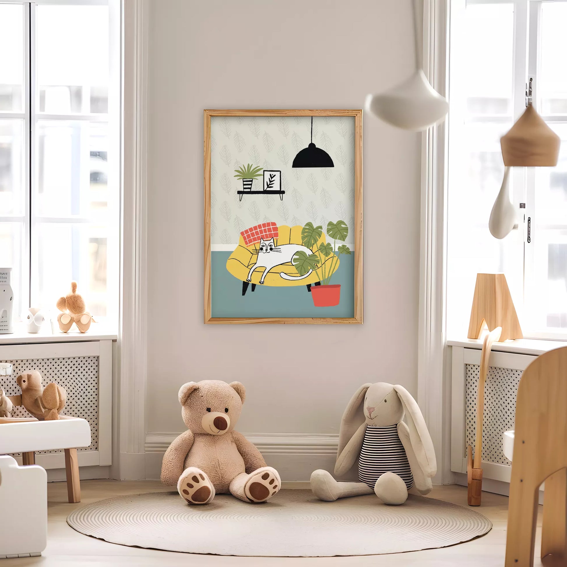 北欧スタイルの猫と植物のイラストアートポスター、リビングインテリア
