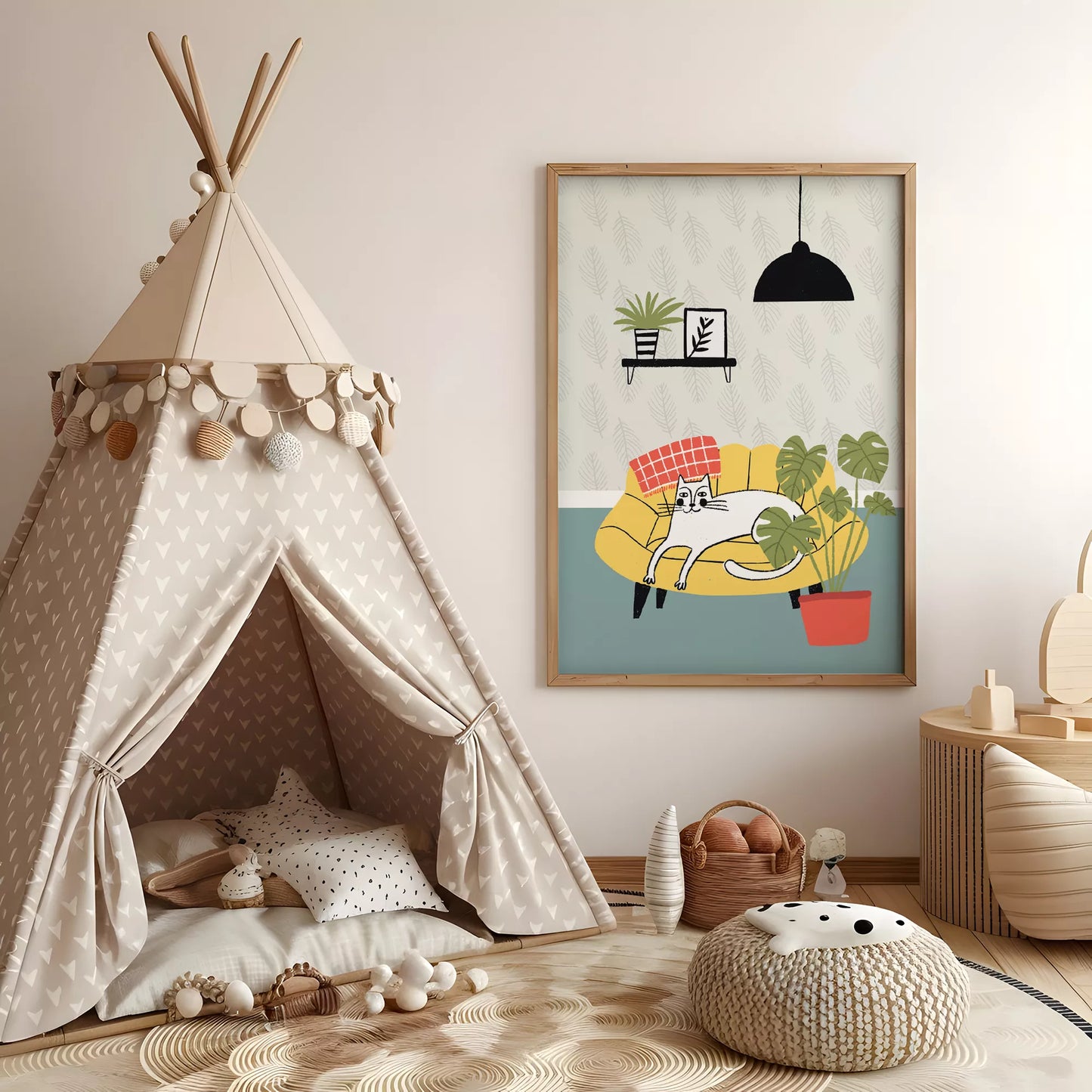 北欧スタイルの猫と植物のイラストアートポスター、リビングインテリア