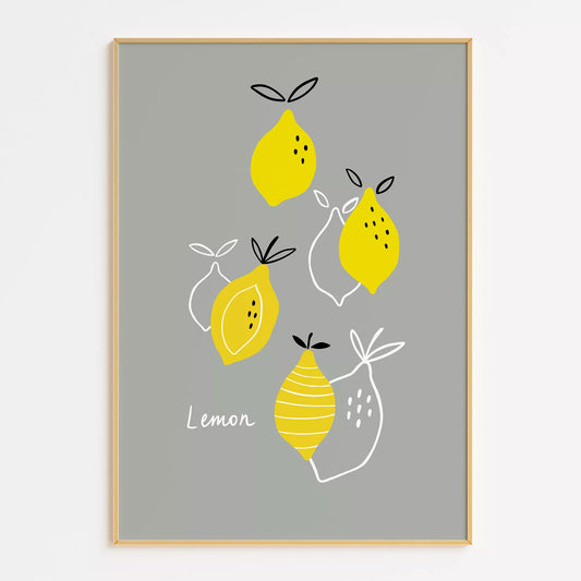 北欧スタイルの遊び心あふれるレモンイラストが描かれた子供部屋向けアートポスター