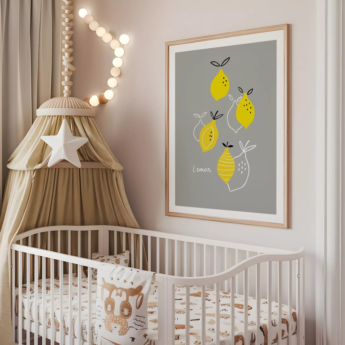 北欧スタイルの遊び心あふれるレモンイラストが描かれた子供部屋向けアートポスター
