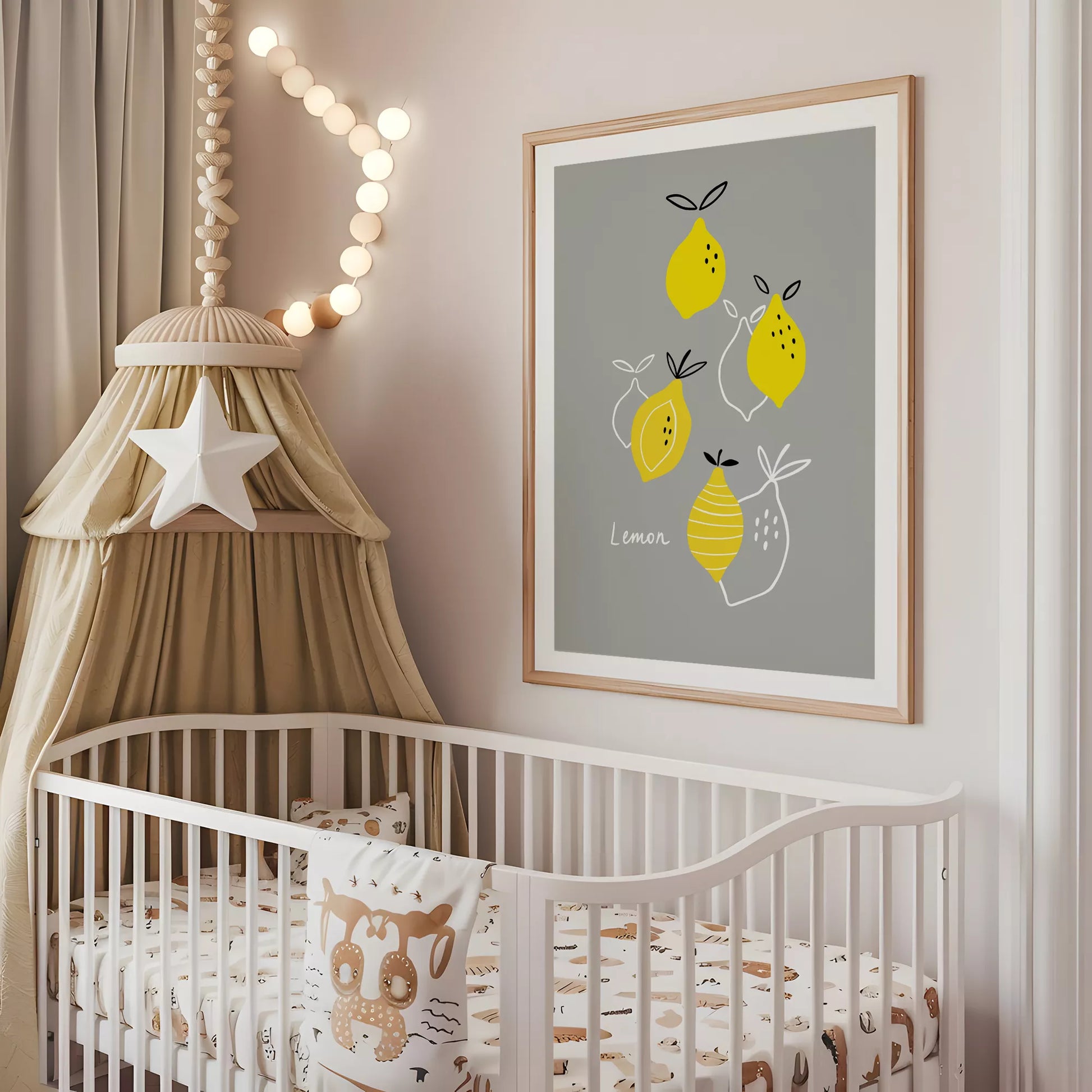 北欧スタイルの遊び心あふれるレモンイラストが描かれた子供部屋向けアートポスター
