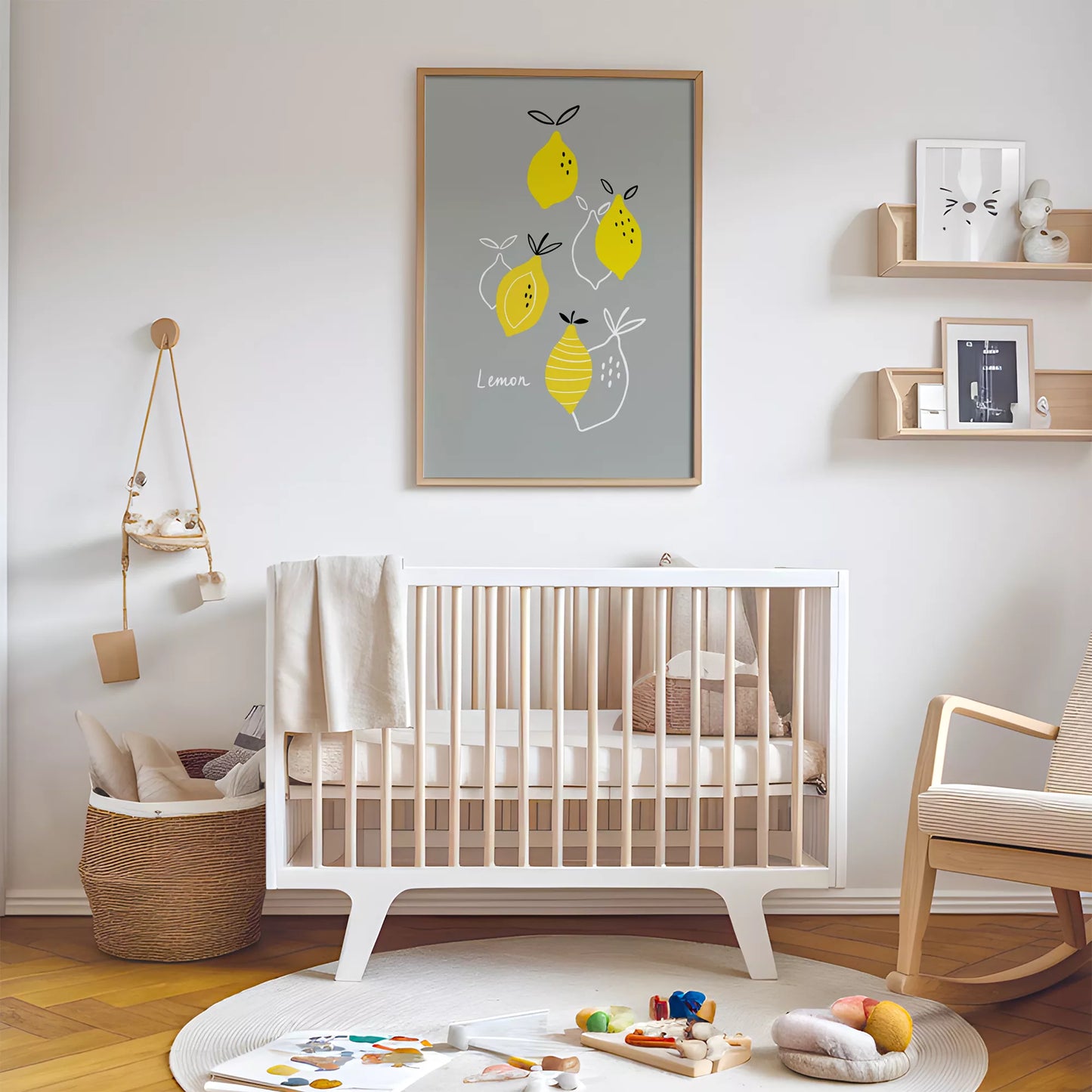 北欧スタイルの遊び心あふれるレモンイラストが描かれた子供部屋向けアートポスター