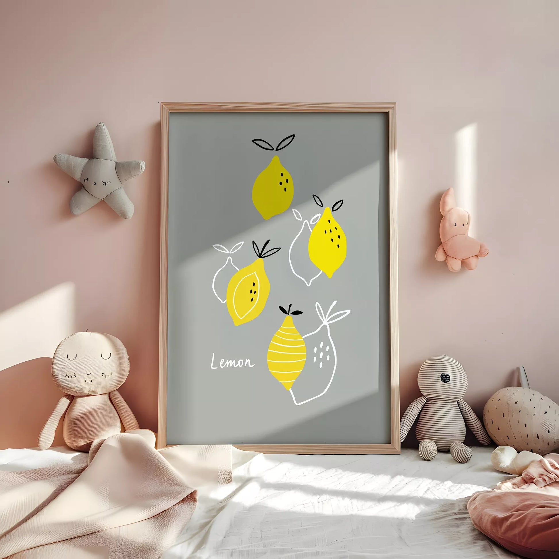 北欧スタイルの遊び心あふれるレモンイラストが描かれた子供部屋向けアートポスター