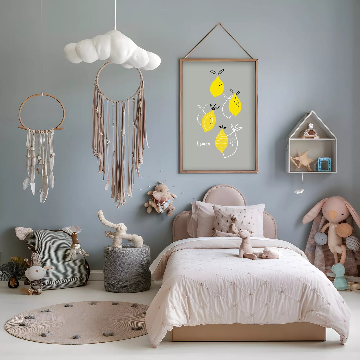 北欧スタイルの遊び心あふれるレモンイラストが描かれた子供部屋向けアートポスター