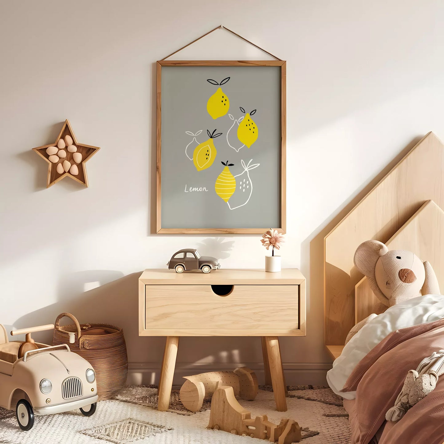 北欧スタイルの遊び心あふれるレモンイラストが描かれた子供部屋向けアートポスター