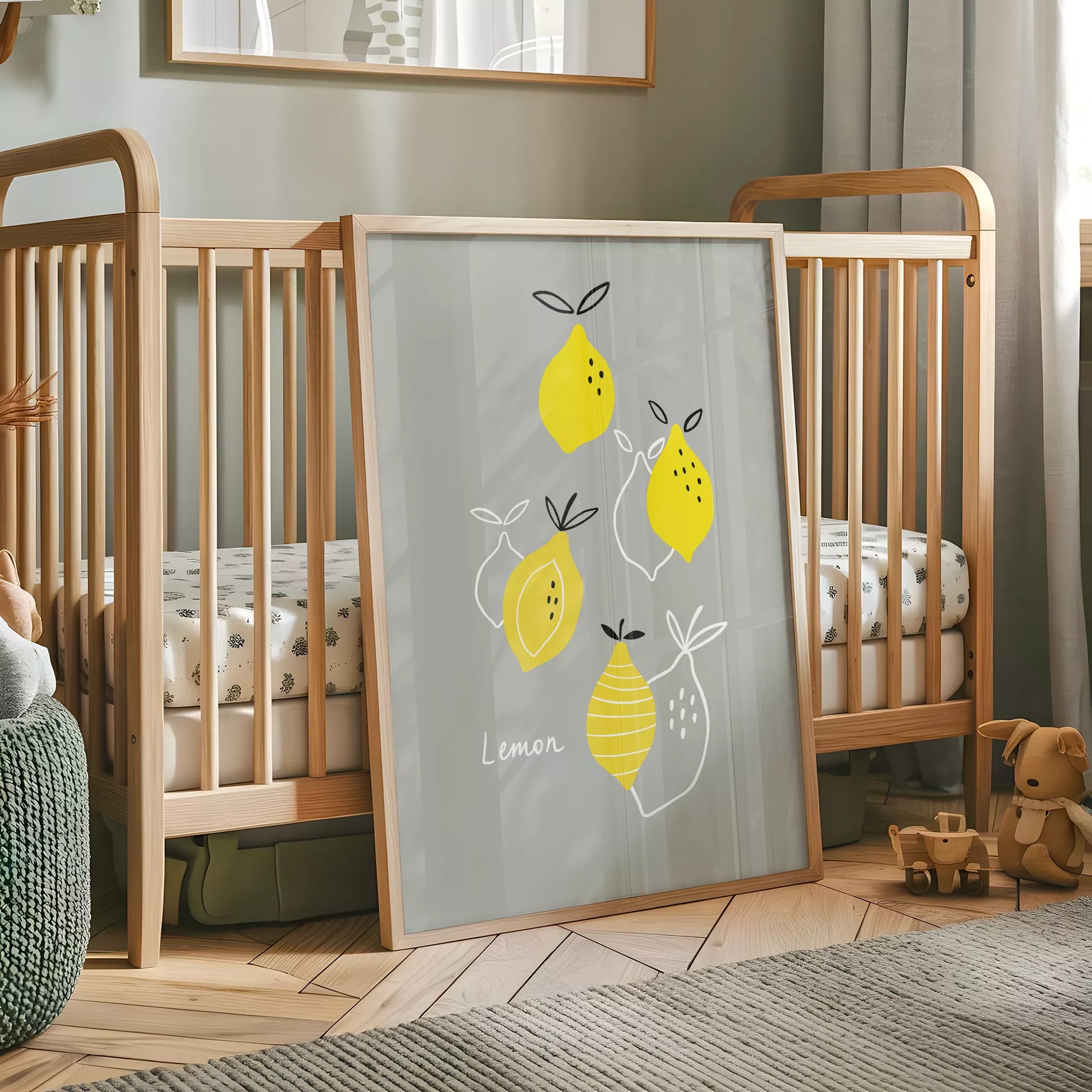 北欧スタイルの遊び心あふれるレモンイラストが描かれた子供部屋向けアートポスター