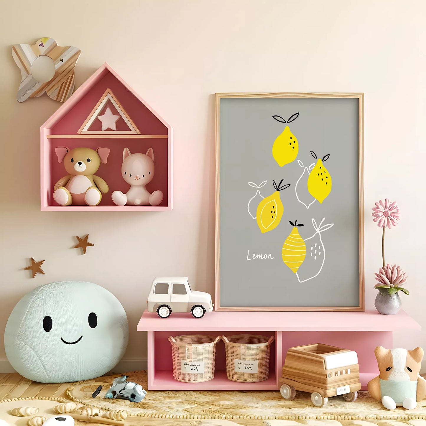 北欧スタイルの遊び心あふれるレモンイラストが描かれた子供部屋向けアートポスター