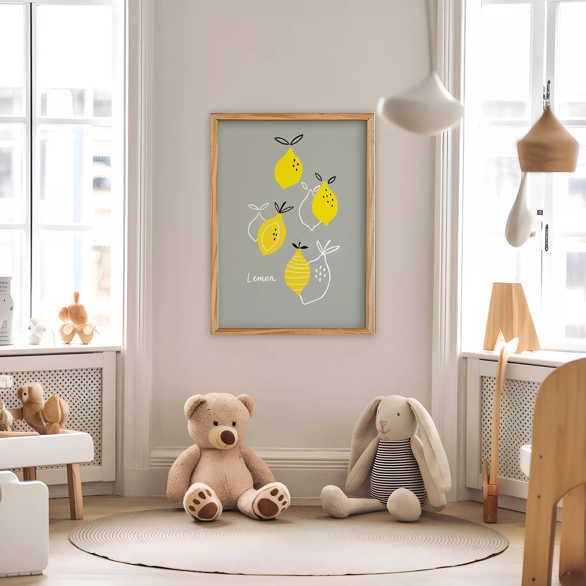 北欧スタイルの遊び心あふれるレモンイラストが描かれた子供部屋向けアートポスター