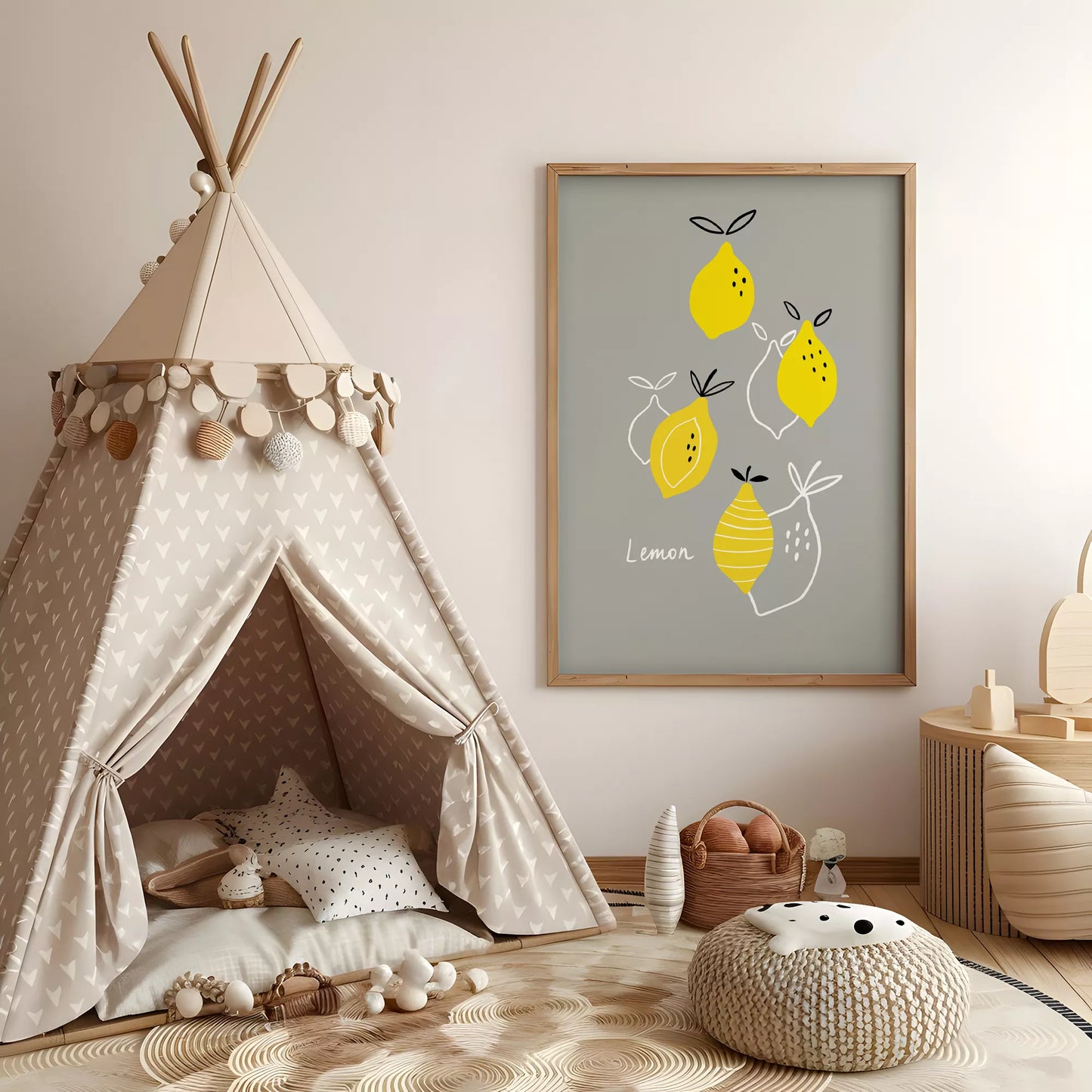 北欧スタイルの遊び心あふれるレモンイラストが描かれた子供部屋向けアートポスター