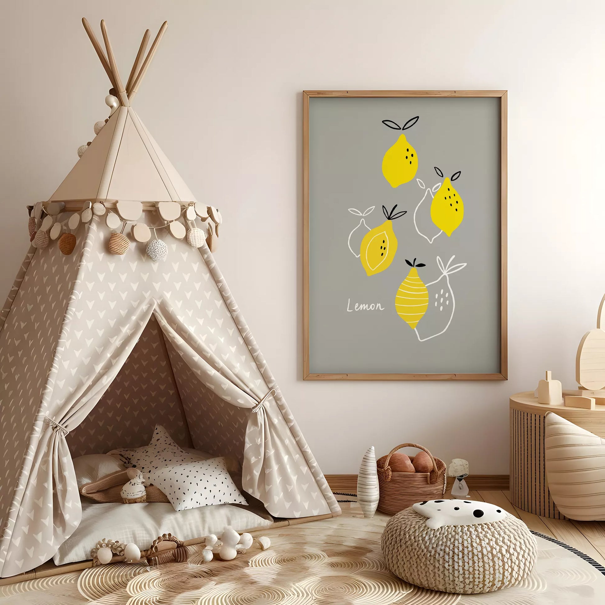 北欧スタイルの遊び心あふれるレモンイラストが描かれた子供部屋向けアートポスター