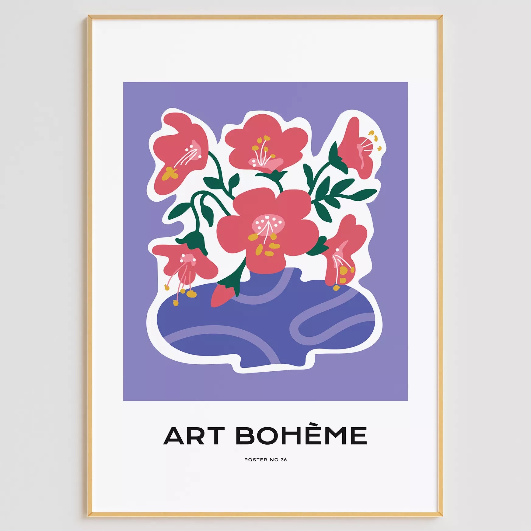 パープル背景にピンクの花と抽象的な花瓶の北欧モダンアートポスター