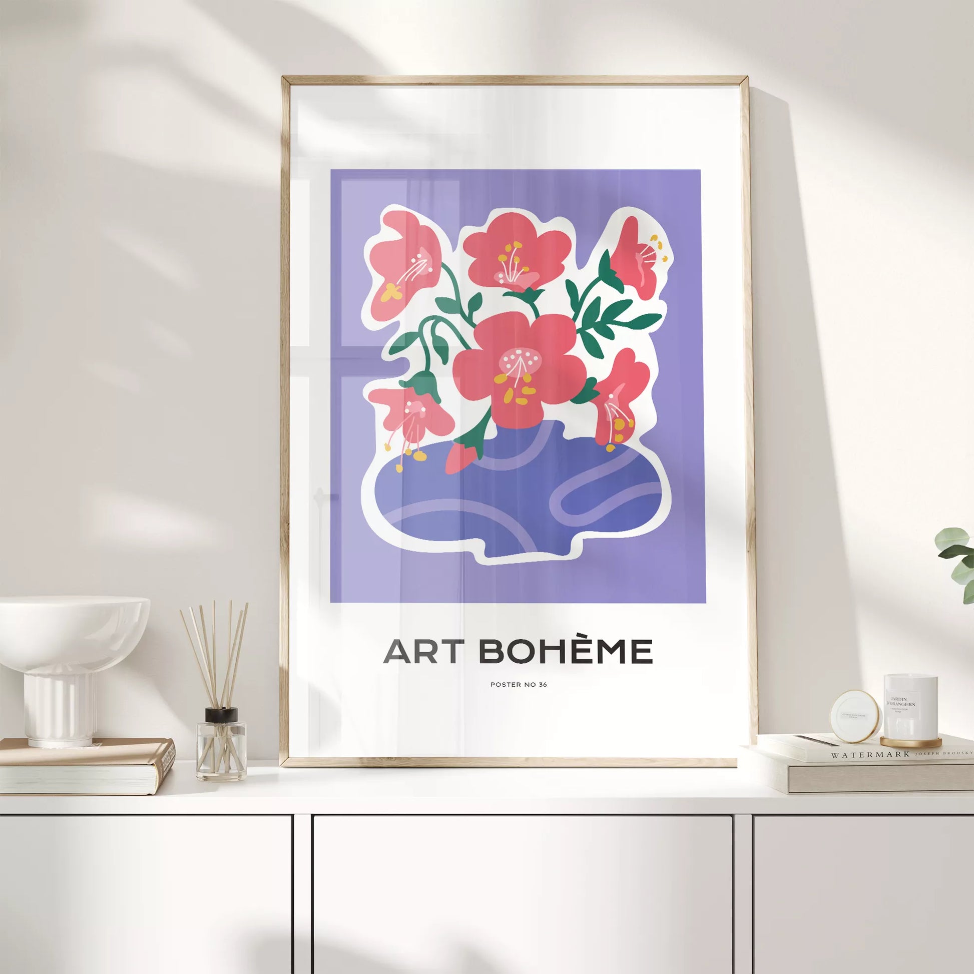 パープル背景にピンクの花と抽象的な花瓶の北欧モダンアートポスター