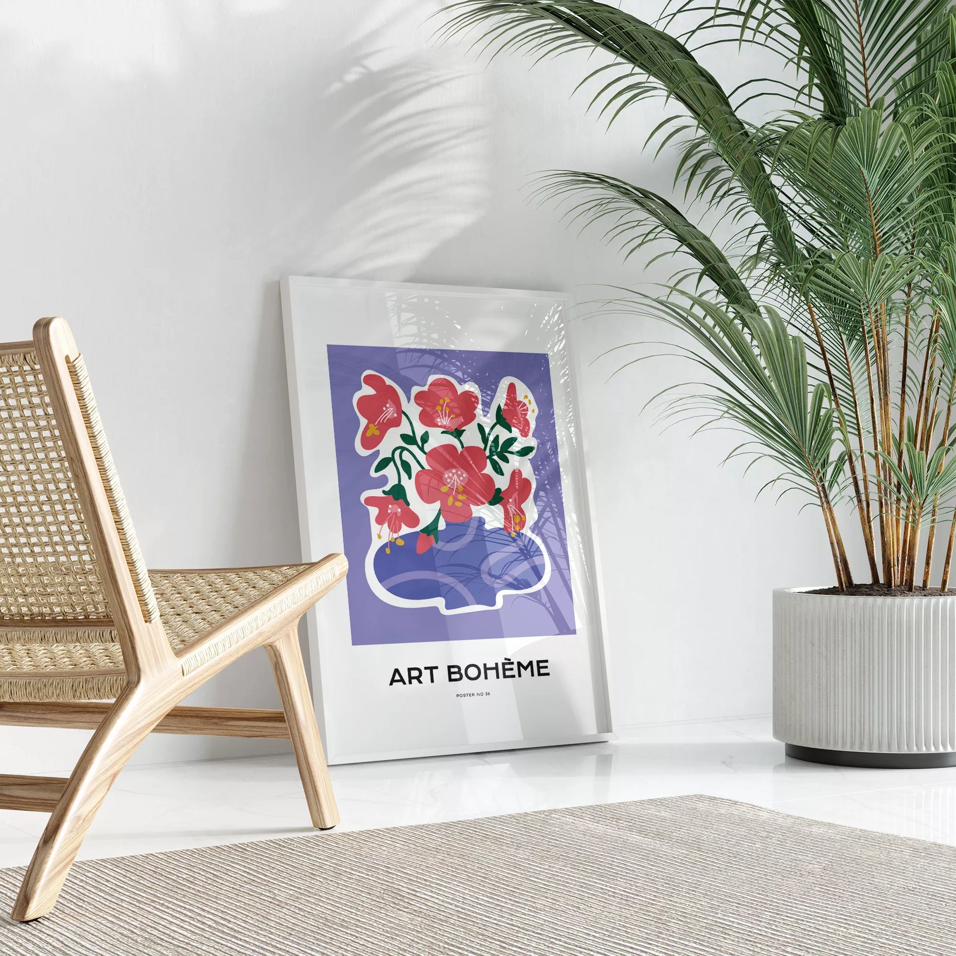 パープル背景にピンクの花と抽象的な花瓶の北欧モダンアートポスター