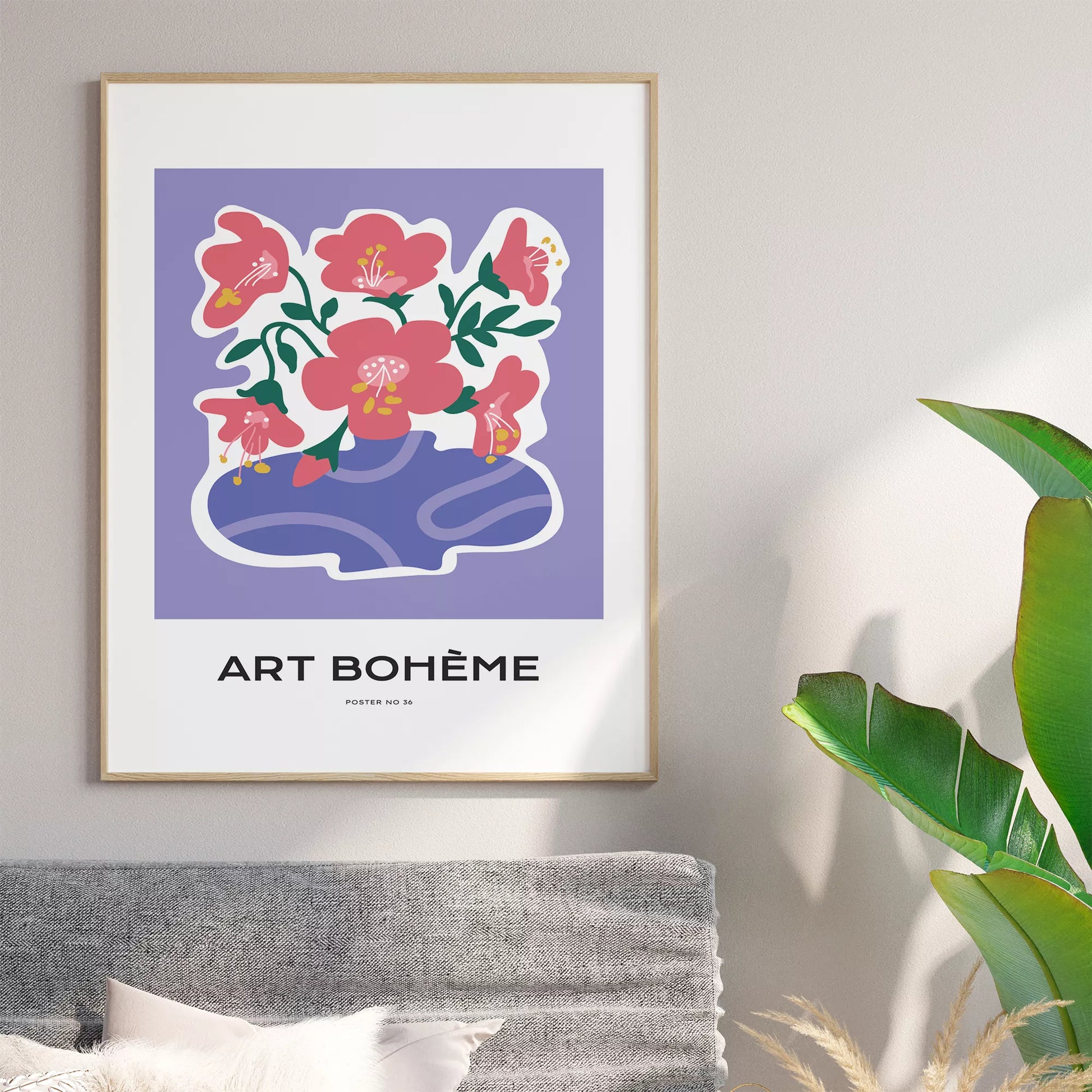 パープル背景にピンクの花と抽象的な花瓶の北欧モダンアートポスター