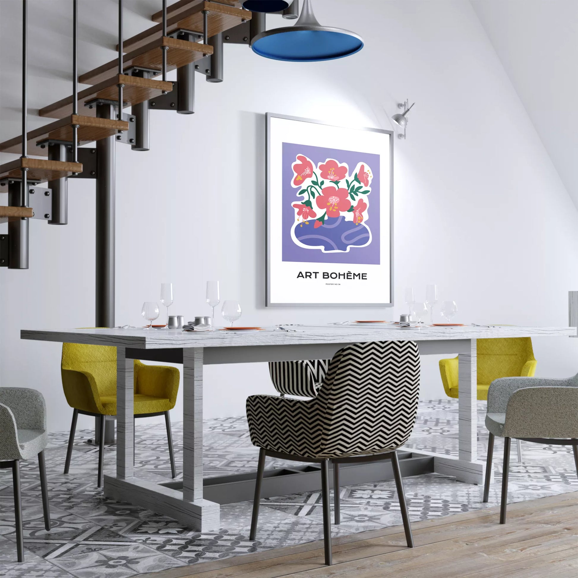 パープル背景にピンクの花と抽象的な花瓶の北欧モダンアートポスター