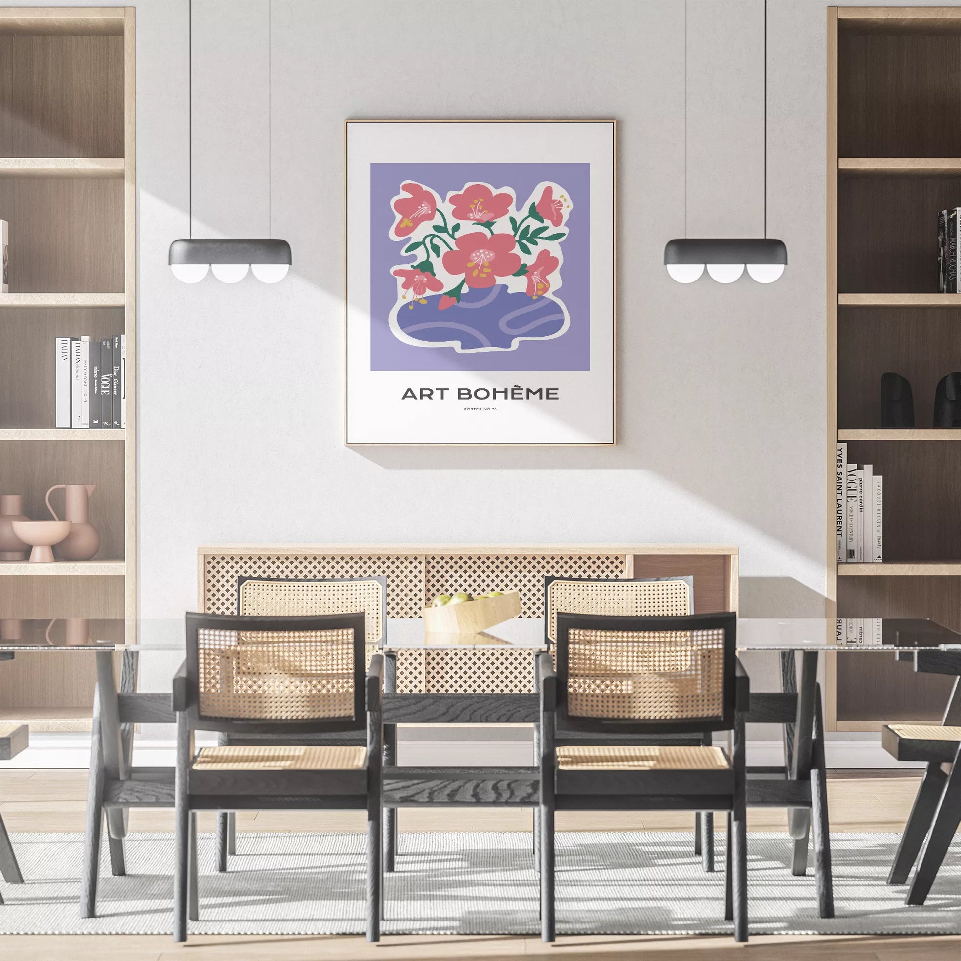 パープル背景にピンクの花と抽象的な花瓶の北欧モダンアートポスター