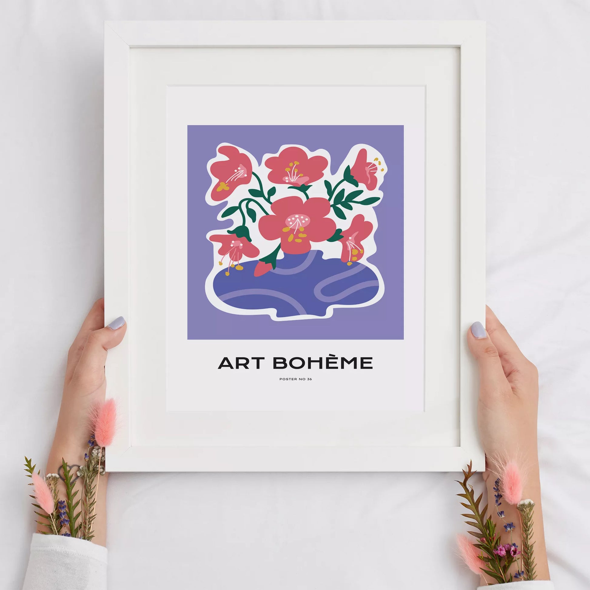 パープル背景にピンクの花と抽象的な花瓶の北欧モダンアートポスター