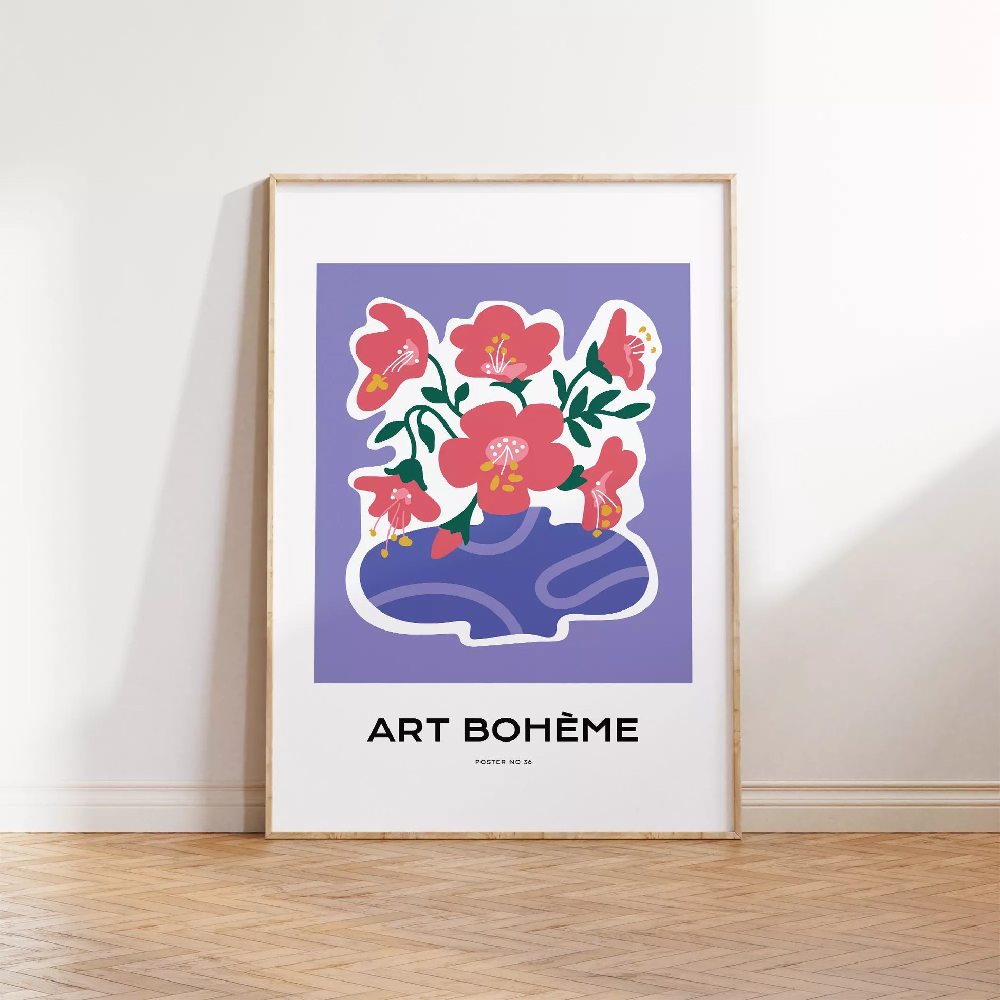 パープル背景にピンクの花と抽象的な花瓶の北欧モダンアートポスター