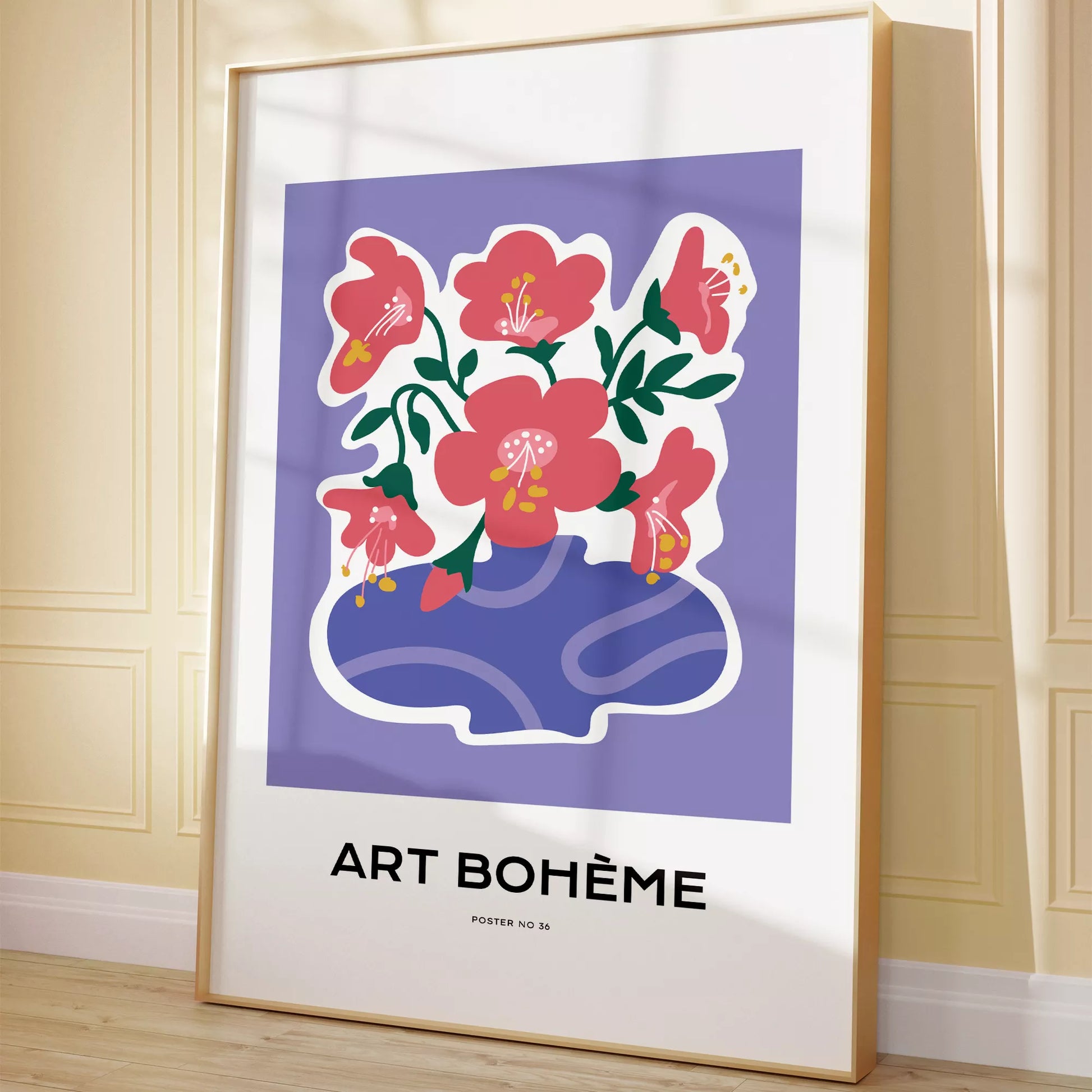 パープル背景にピンクの花と抽象的な花瓶の北欧モダンアートポスター