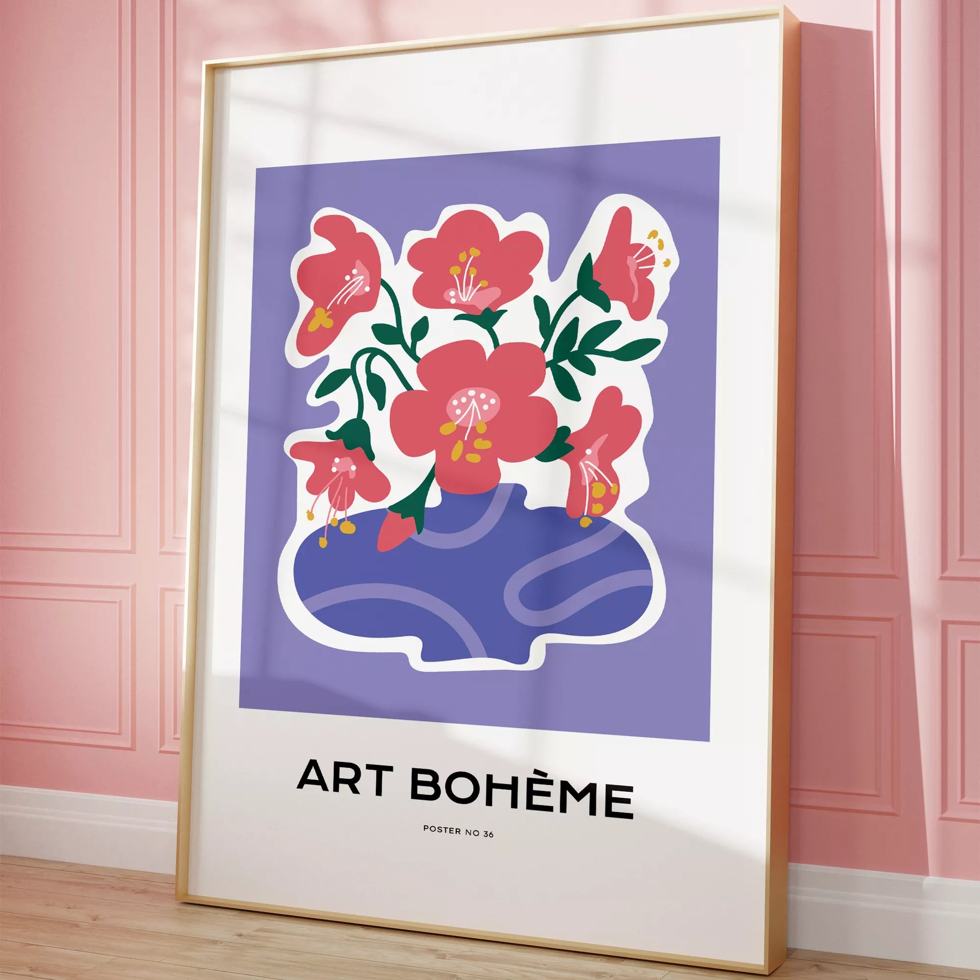 パープル背景にピンクの花と抽象的な花瓶の北欧モダンアートポスター