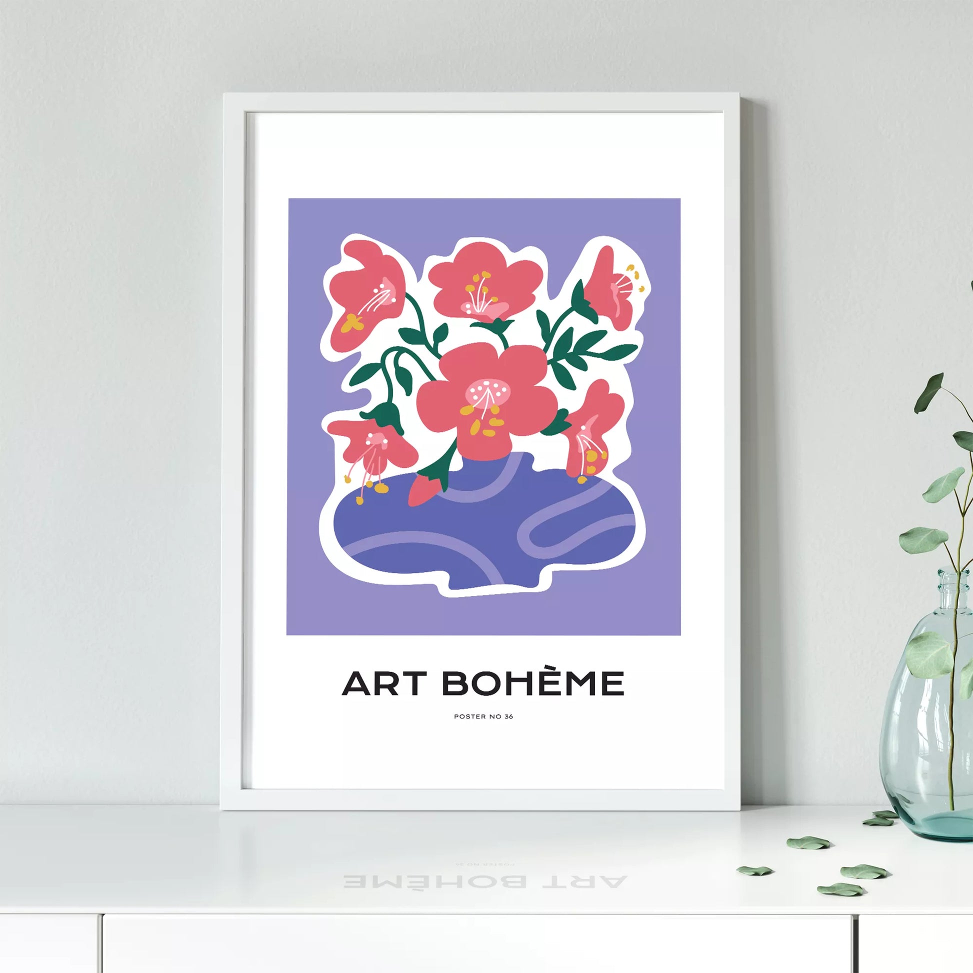 パープル背景にピンクの花と抽象的な花瓶の北欧モダンアートポスター